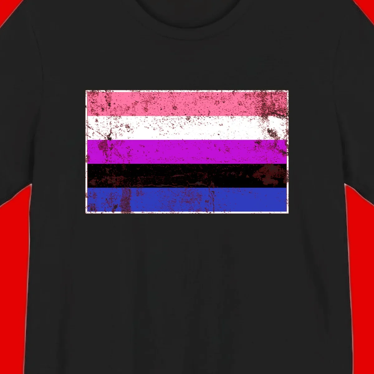 Genderqueer pride flag with horizontal stripes in hot pink, white, magenta, black, and blue featuring distressed grunge texture