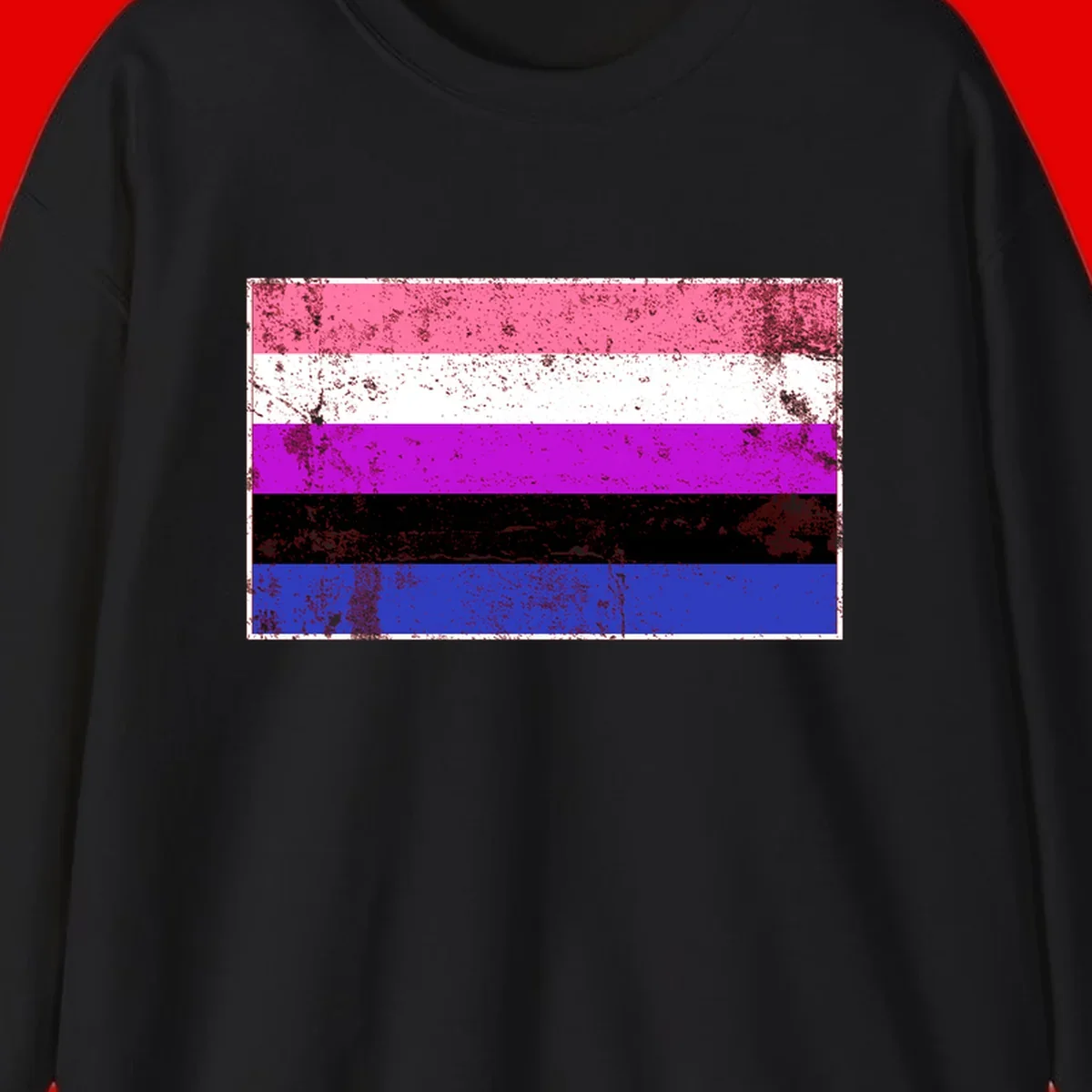 Genderqueer pride flag with horizontal stripes in hot pink, white, magenta, black, and blue featuring distressed grunge texture