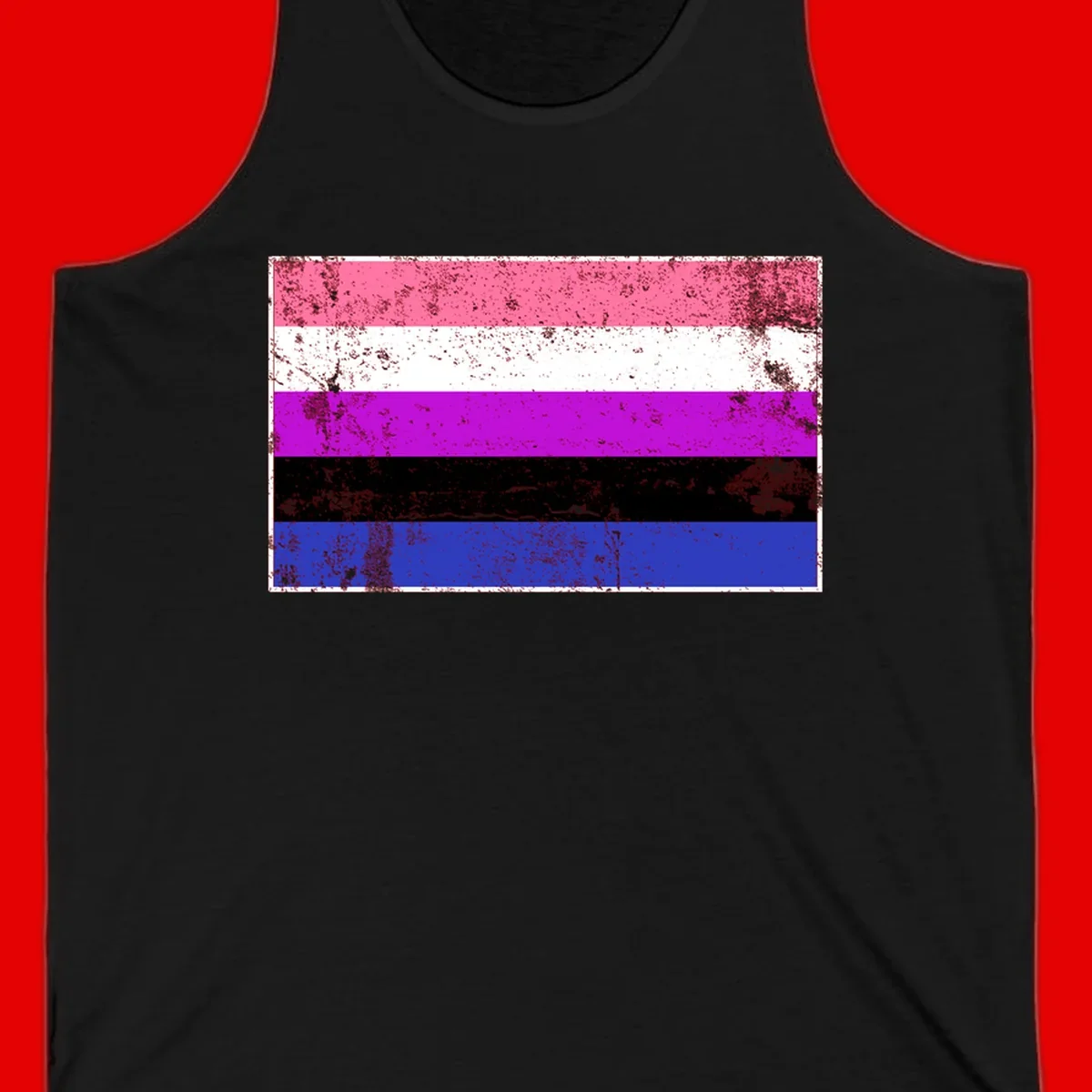 Genderqueer pride flag with horizontal stripes in hot pink, white, magenta, black, and blue featuring distressed grunge texture