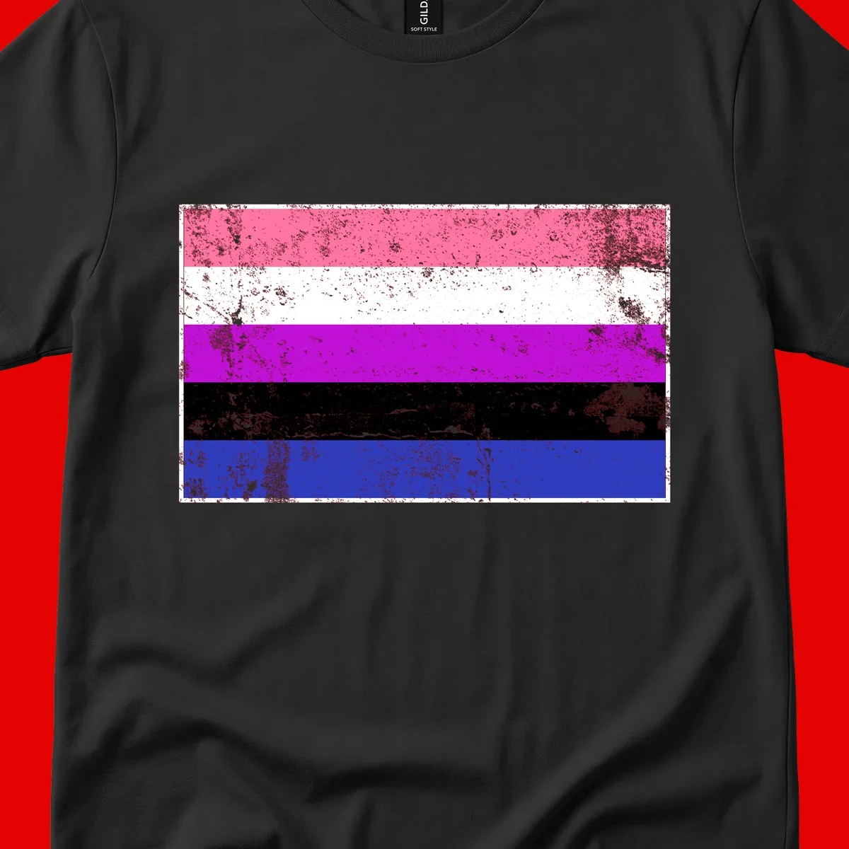 Genderqueer pride flag with horizontal stripes in hot pink, white, magenta, black, and blue featuring distressed grunge texture