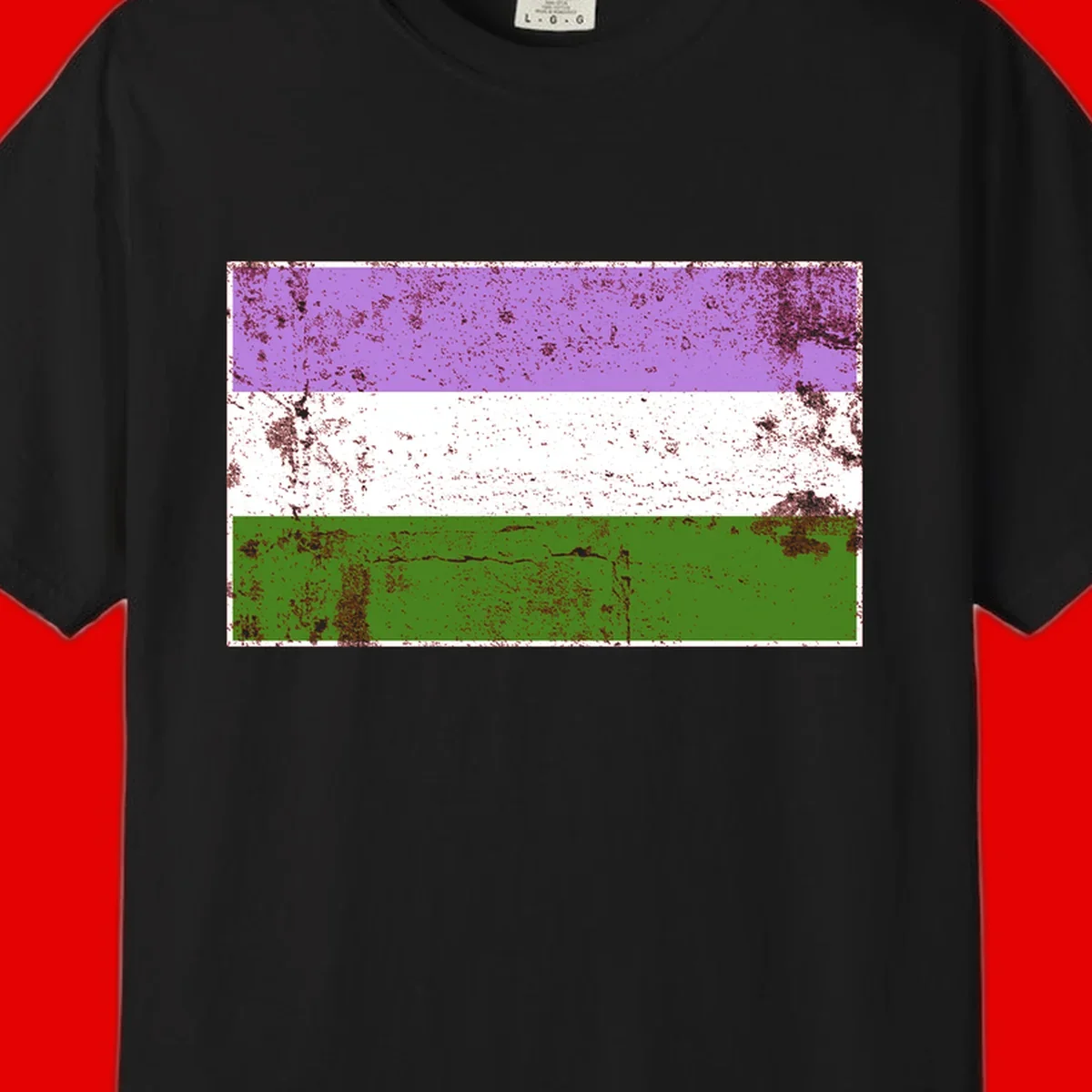 Genderqueer pride flag with purple, white, and green horizontal stripes featuring distressed grunge texture overlay