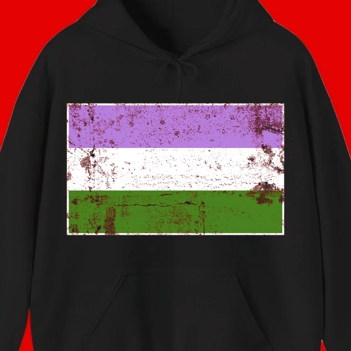 Genderqueer pride flag with purple, white, and green horizontal stripes featuring distressed grunge texture overlay