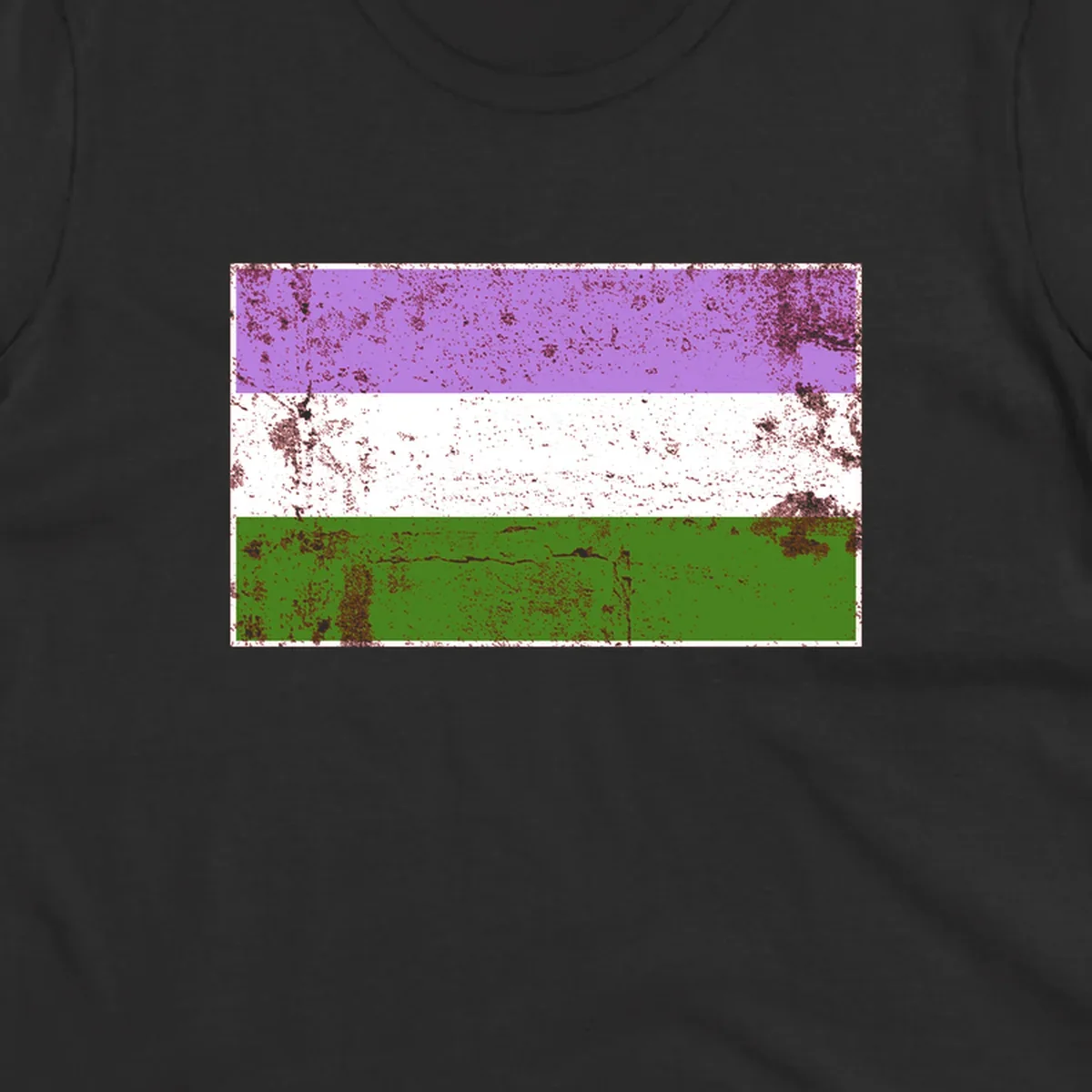 Genderqueer pride flag with purple, white, and green horizontal stripes featuring distressed grunge texture overlay