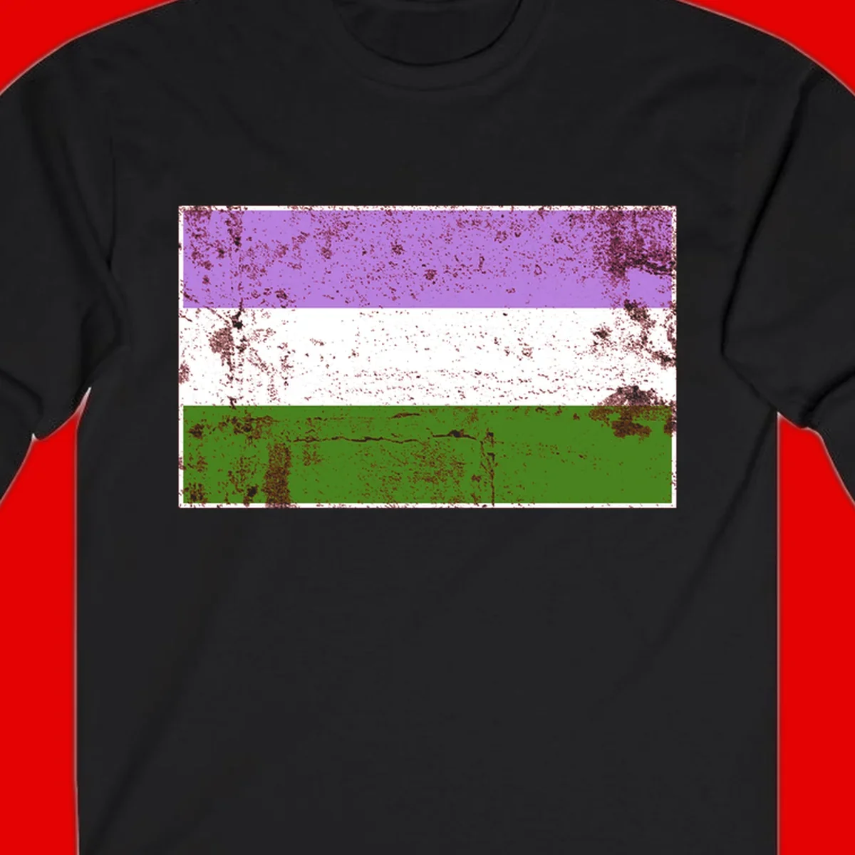 Genderqueer pride flag with purple, white, and green horizontal stripes featuring distressed grunge texture overlay