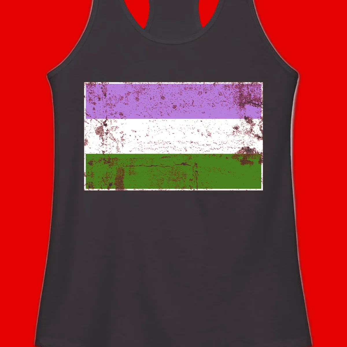 Genderqueer pride flag with purple, white, and green horizontal stripes featuring distressed grunge texture overlay