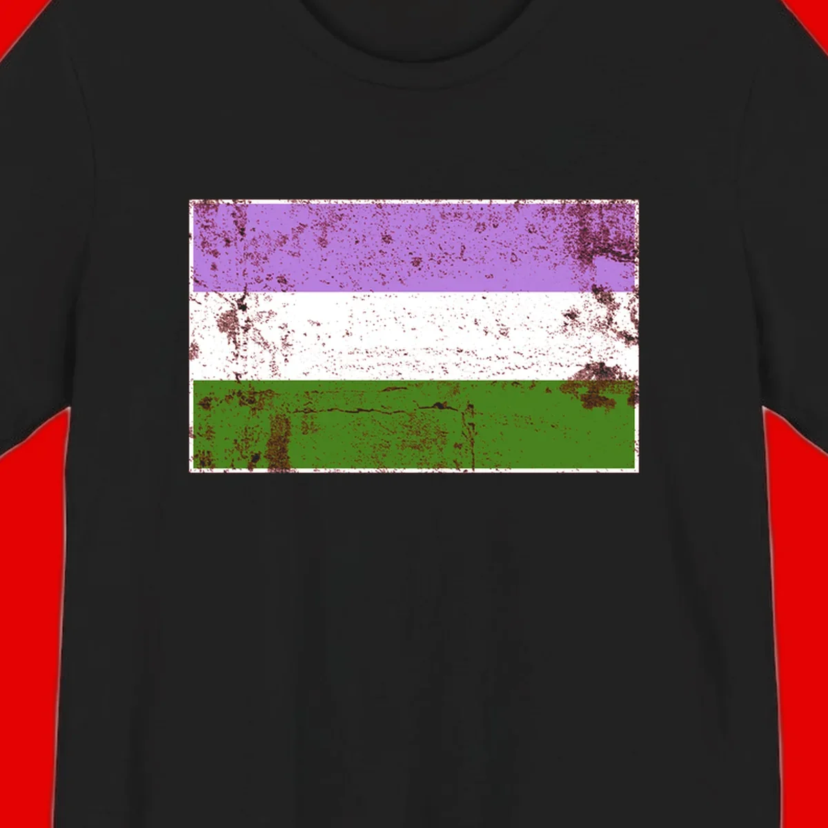 Genderqueer pride flag with purple, white, and green horizontal stripes featuring distressed grunge texture overlay