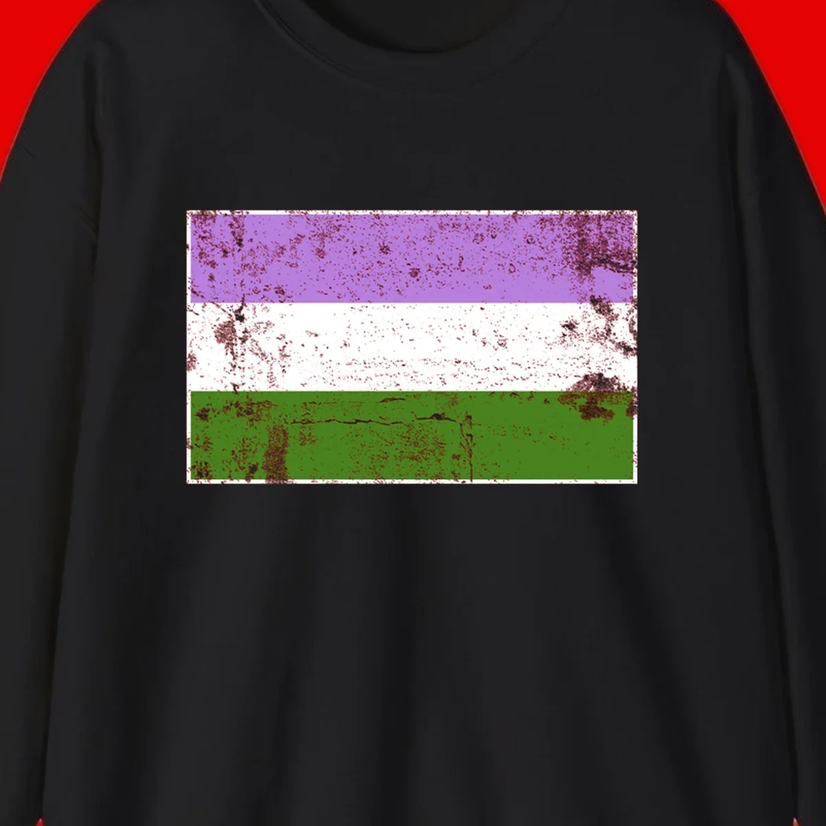 Genderqueer pride flag with purple, white, and green horizontal stripes featuring distressed grunge texture overlay