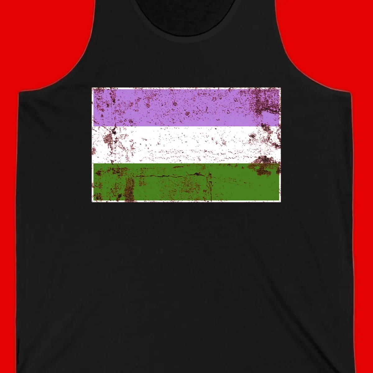 Genderqueer pride flag with purple, white, and green horizontal stripes featuring distressed grunge texture overlay
