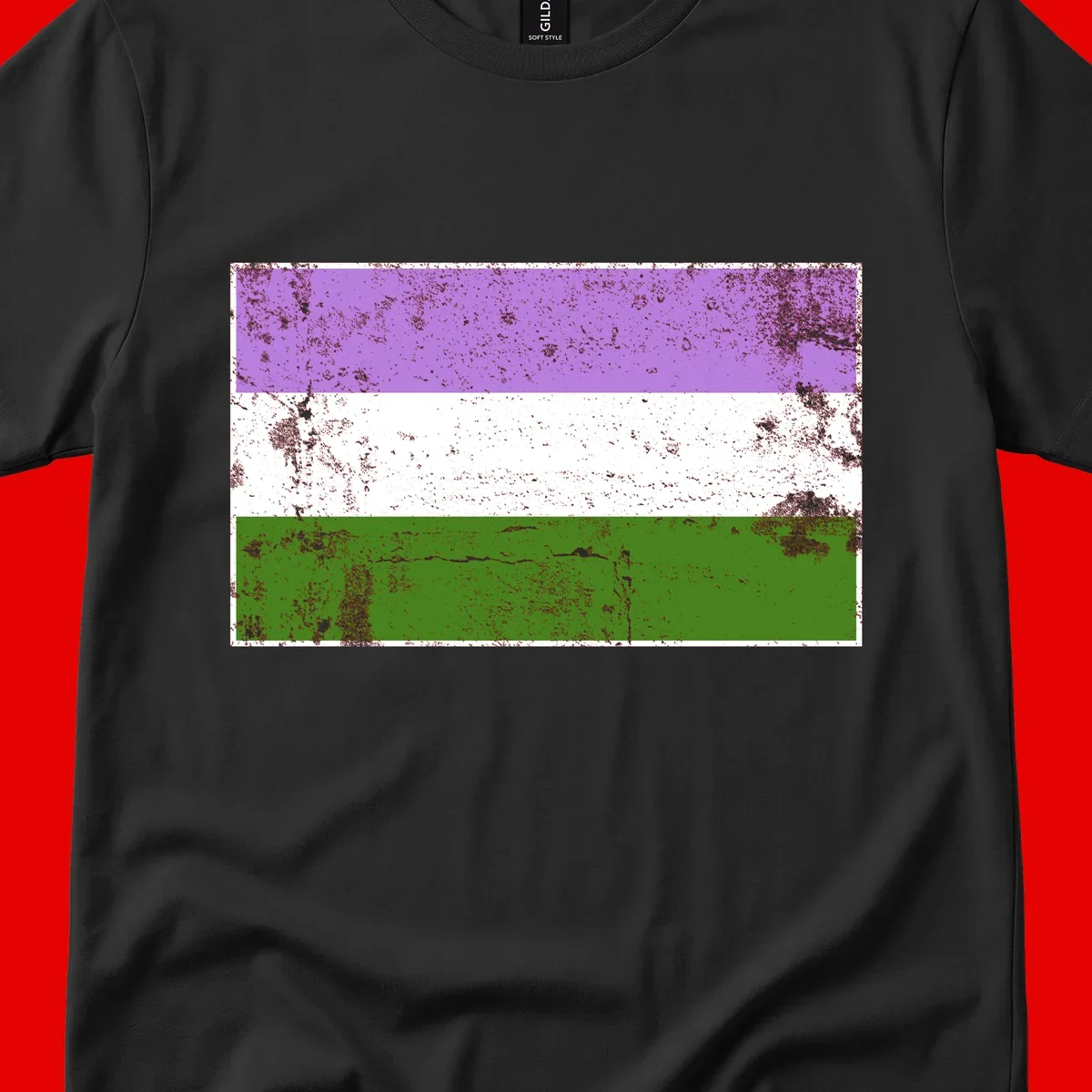 Genderqueer pride flag with purple, white, and green horizontal stripes featuring distressed grunge texture overlay