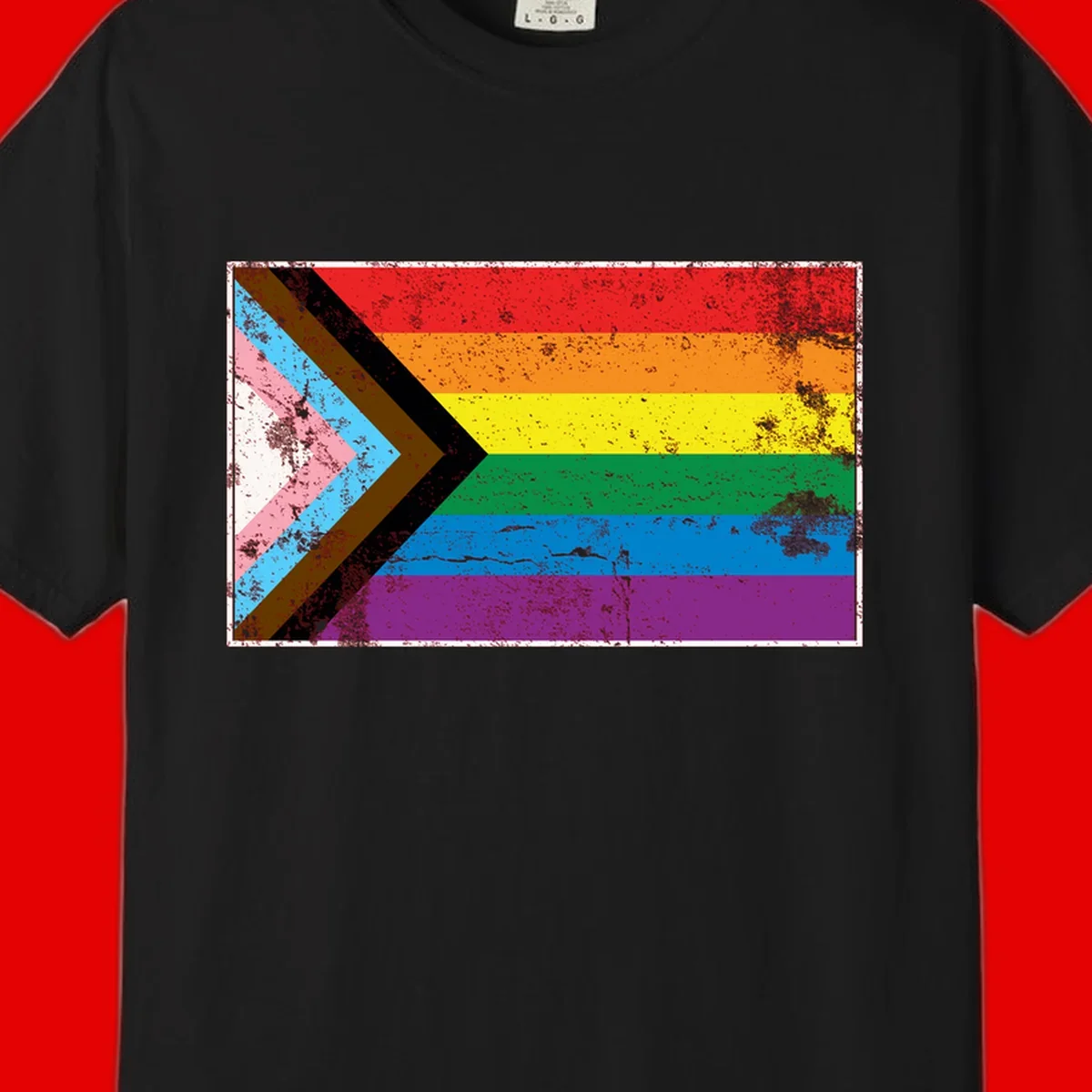 Progress pride intersectional flag with distressed texture featuring rainbow stripes and chevron design representing LGBTQ+ inclusion and equality