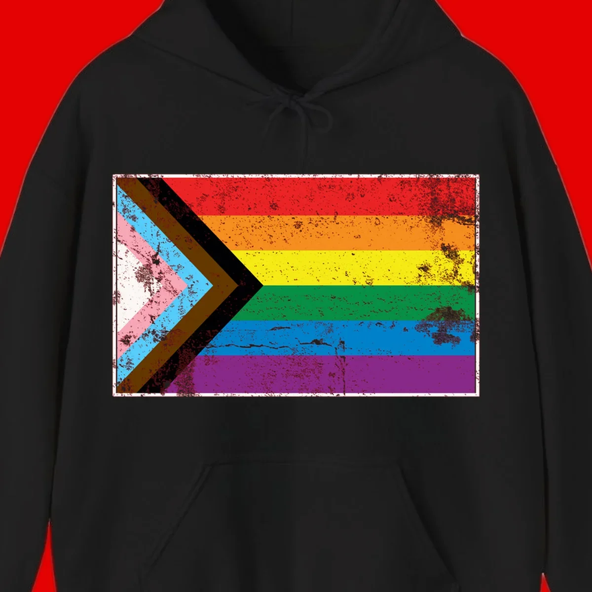 Progress pride intersectional flag with distressed texture featuring rainbow stripes and chevron design representing LGBTQ+ inclusion and equality