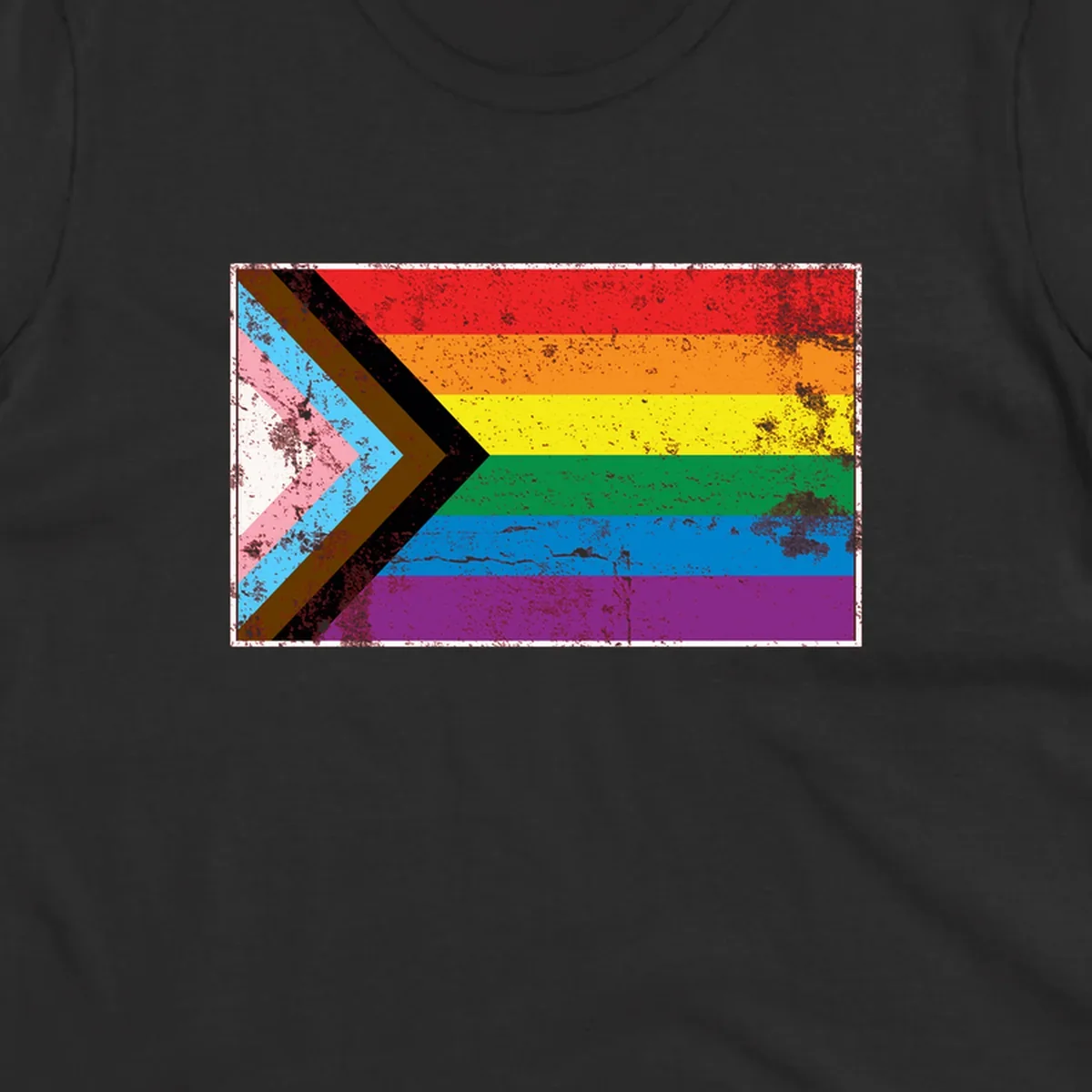 Progress pride intersectional flag with distressed texture featuring rainbow stripes and chevron design representing LGBTQ+ inclusion and equality