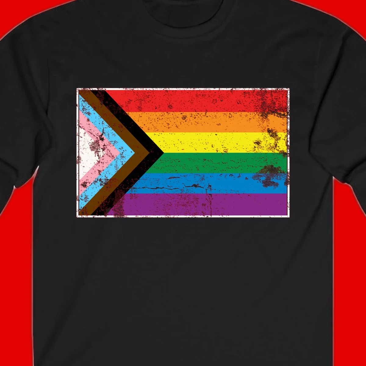Progress pride intersectional flag with distressed texture featuring rainbow stripes and chevron design representing LGBTQ+ inclusion and equality