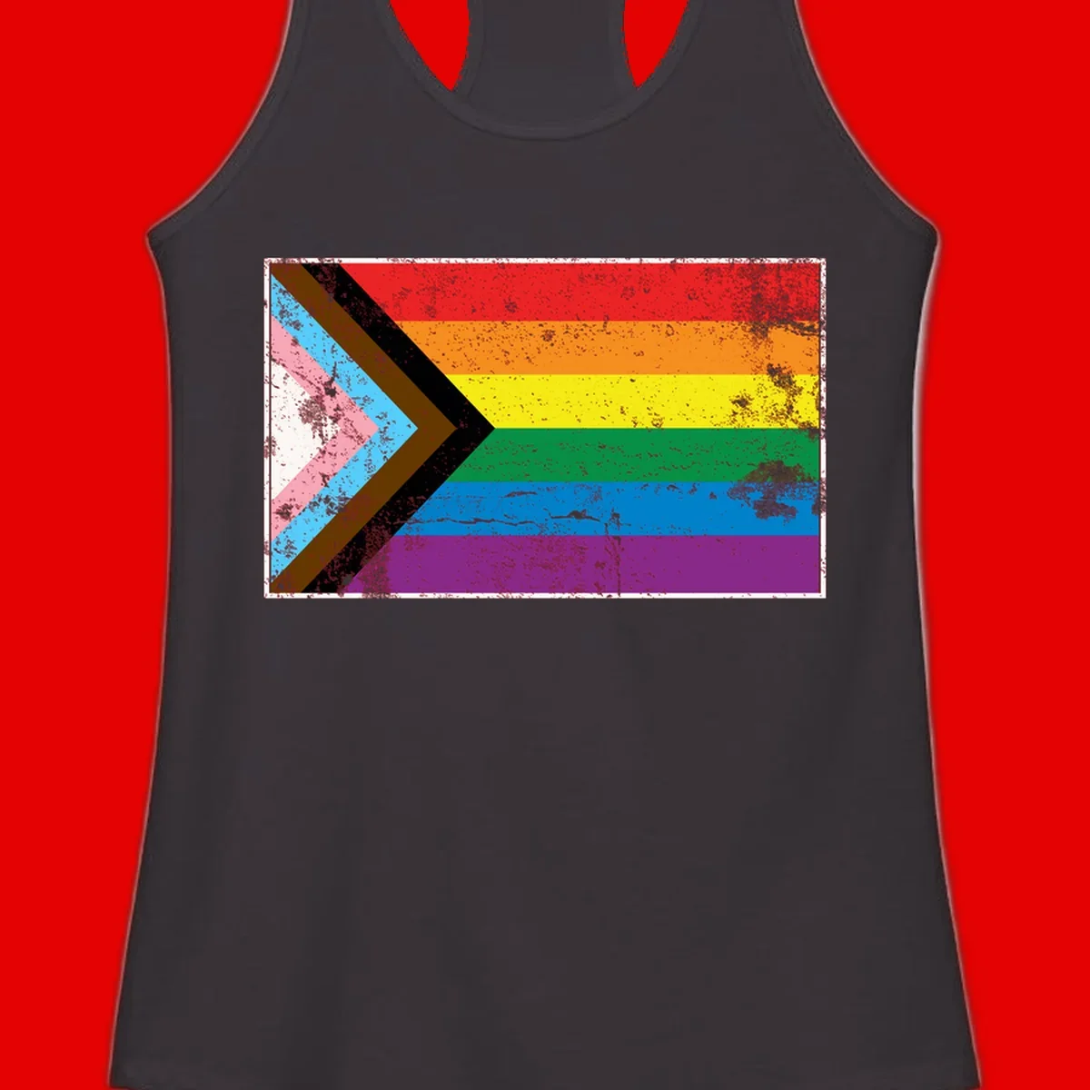 Progress pride intersectional flag with distressed texture featuring rainbow stripes and chevron design representing LGBTQ+ inclusion and equality
