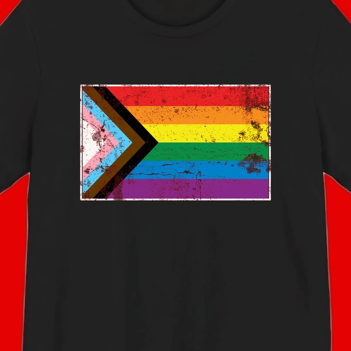 Progress pride intersectional flag with distressed texture featuring rainbow stripes and chevron design representing LGBTQ+ inclusion and equality