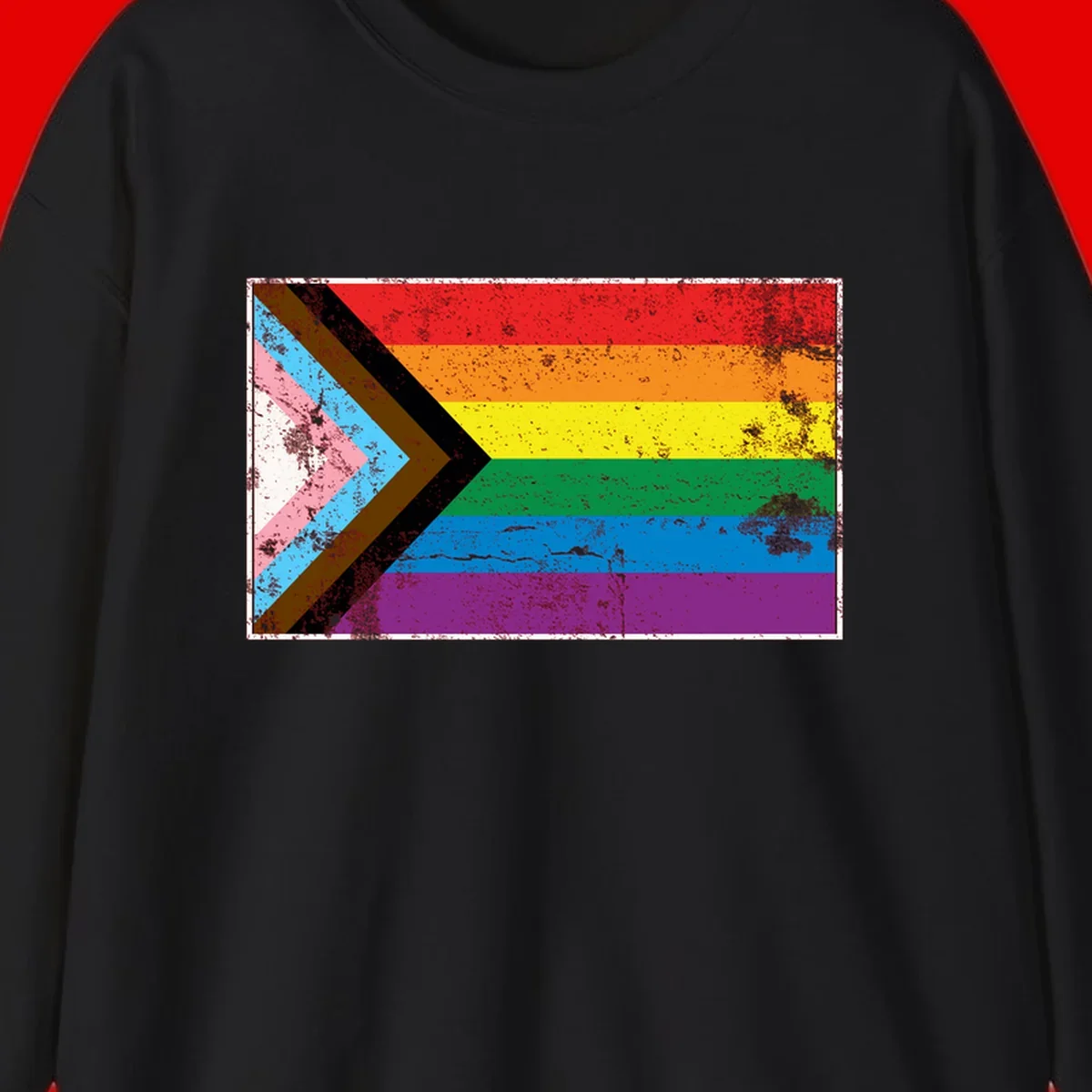 Progress pride intersectional flag with distressed texture featuring rainbow stripes and chevron design representing LGBTQ+ inclusion and equality