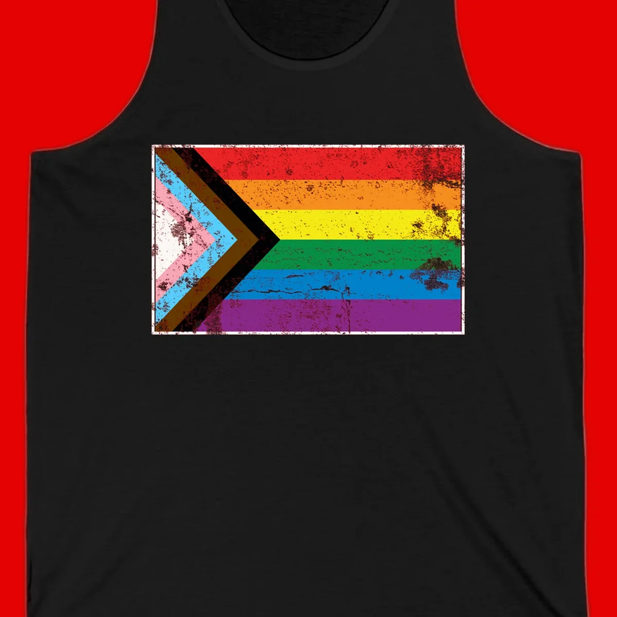 Progress pride intersectional flag with distressed texture featuring rainbow stripes and chevron design representing LGBTQ+ inclusion and equality