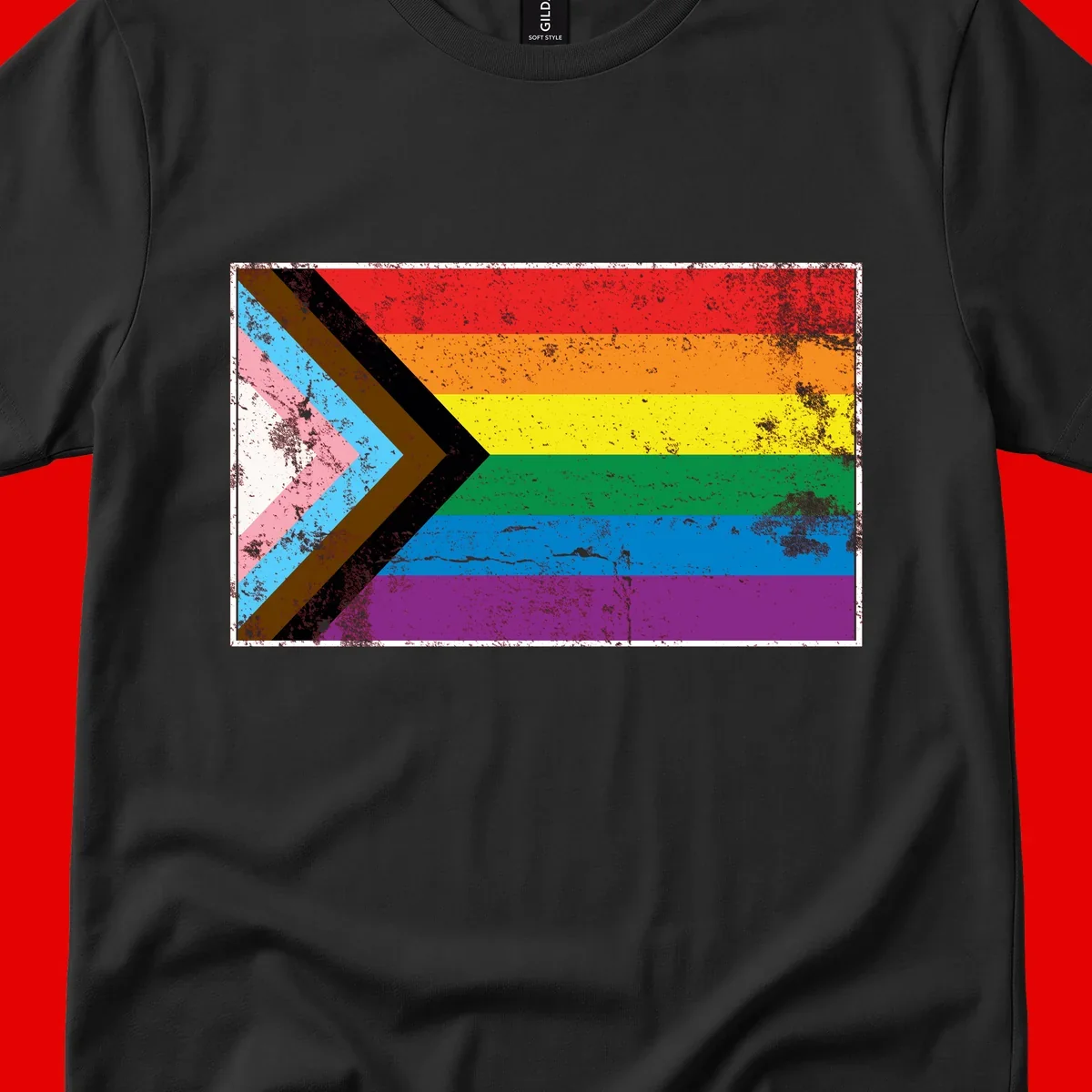 Progress pride intersectional flag with distressed texture featuring rainbow stripes and chevron design representing LGBTQ+ inclusion and equality