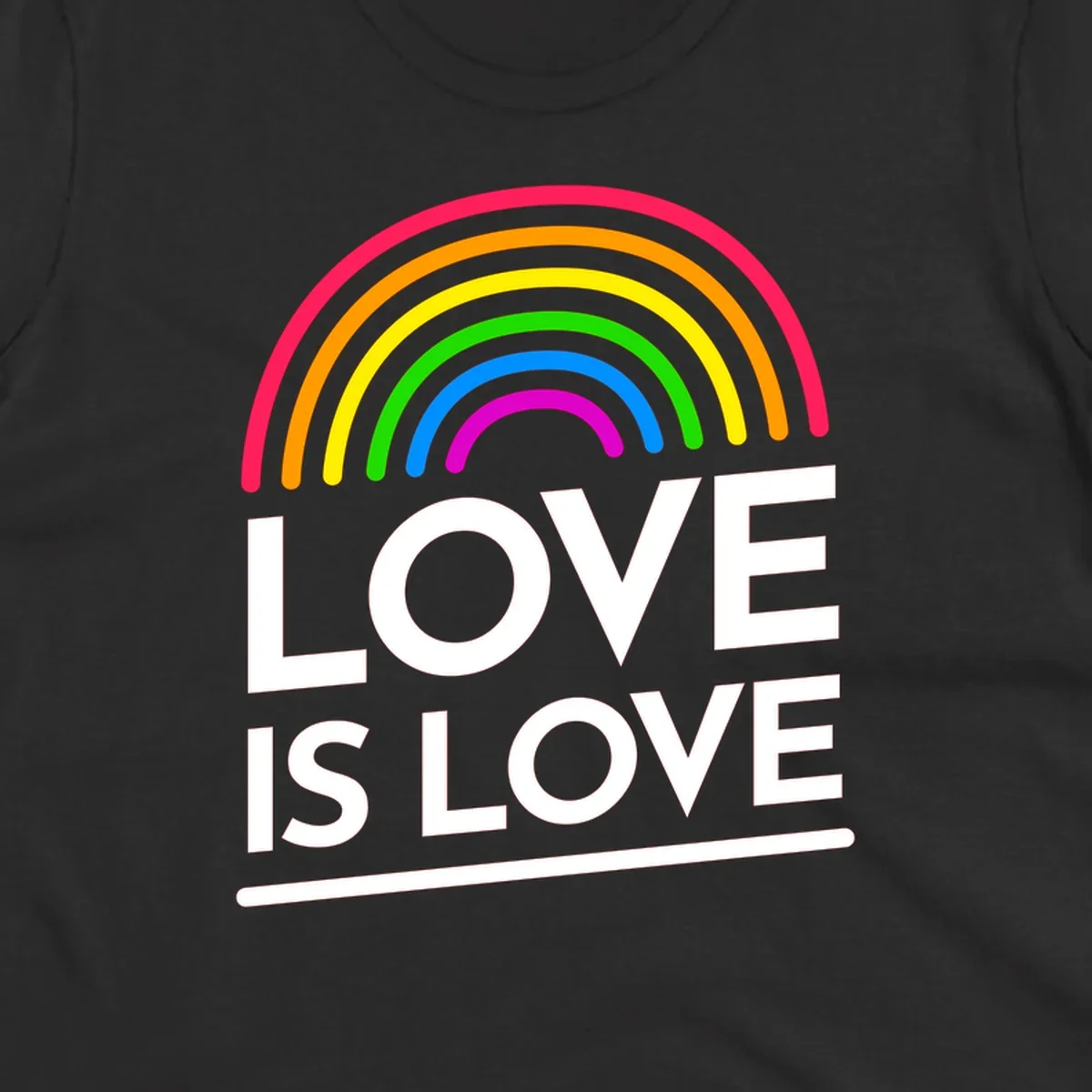 Love is love pride design with colorful rainbow arc and white text on gray background