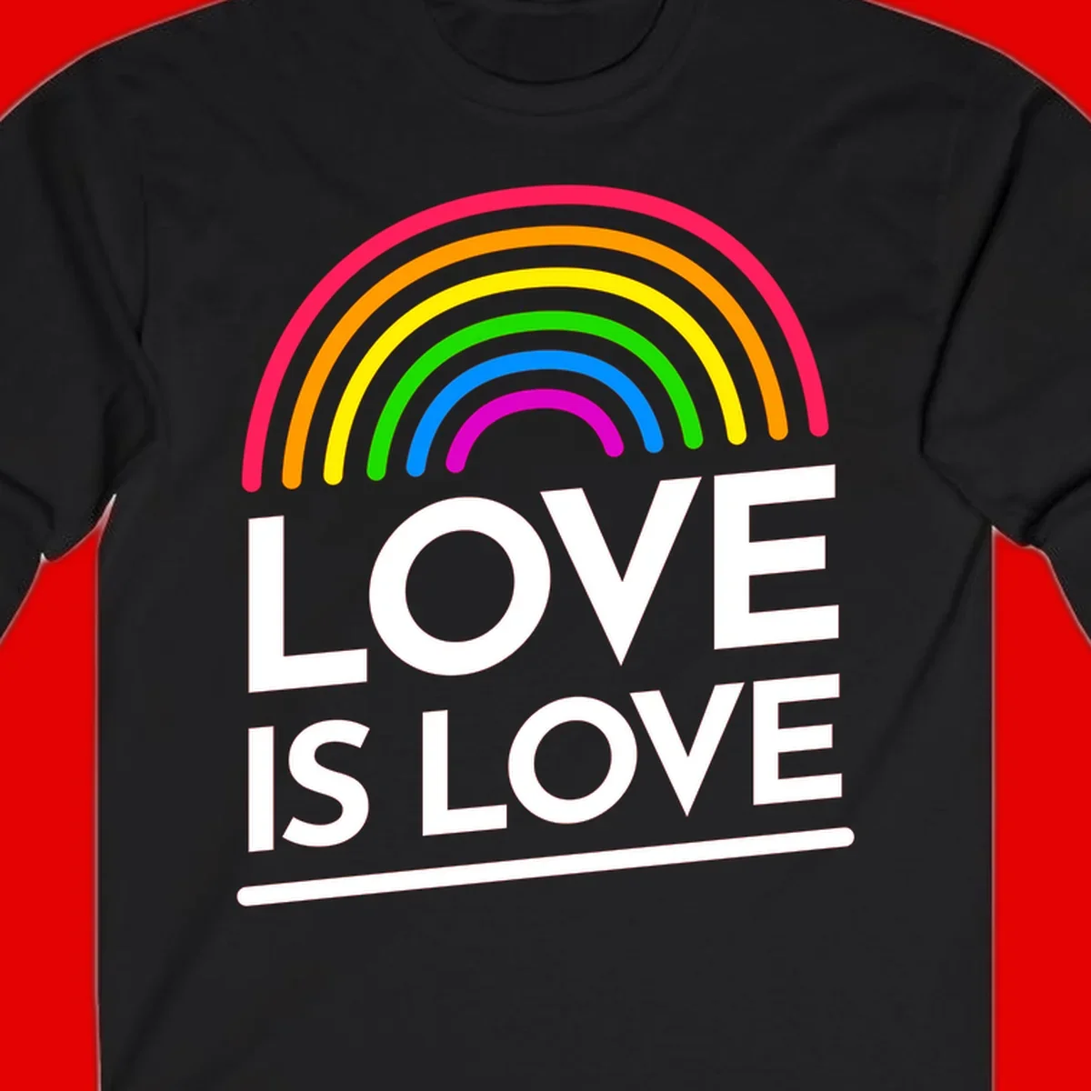 Love is love pride design with colorful rainbow arc and white text on gray background