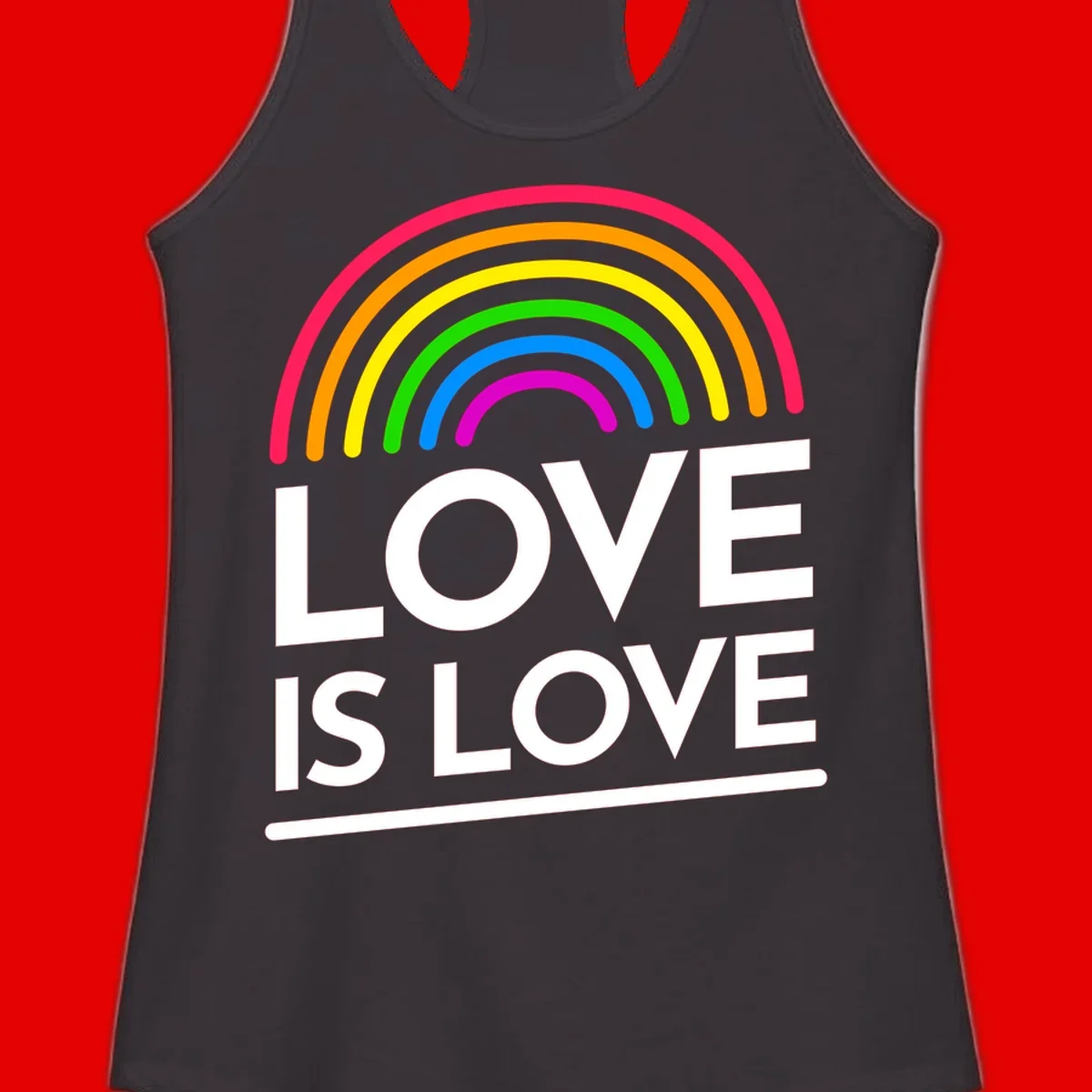 Love is love pride design with colorful rainbow arc and white text on gray background