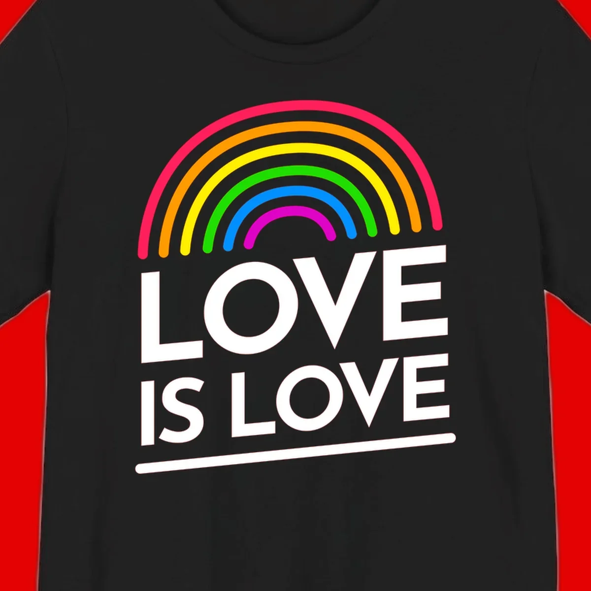 Love is love pride design with colorful rainbow arc and white text on gray background