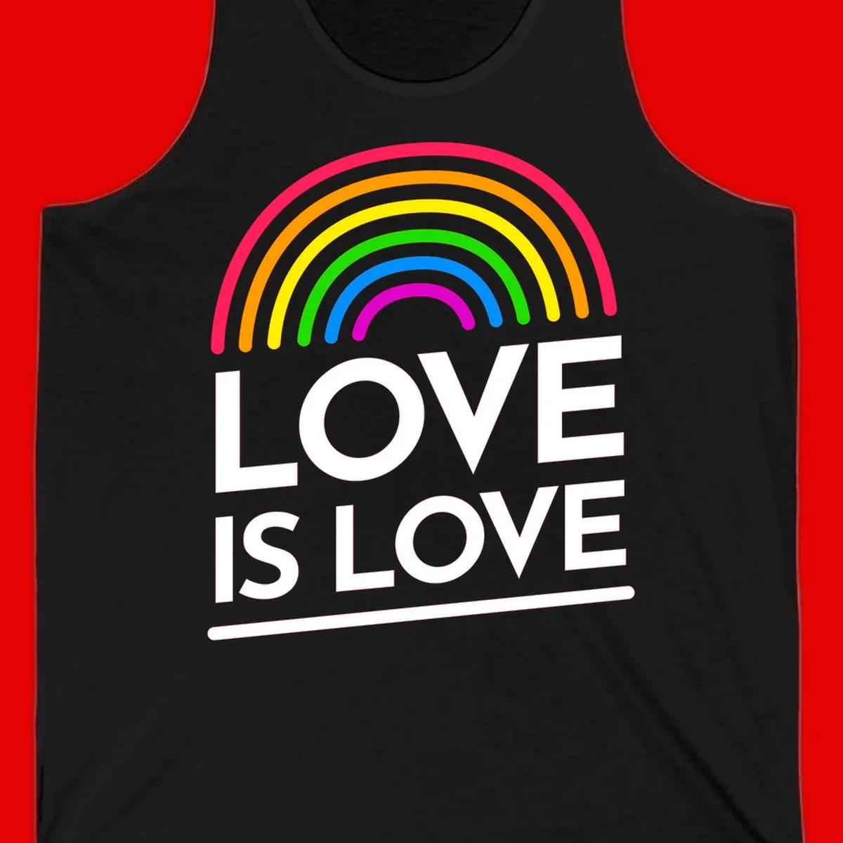 Love is love pride design with colorful rainbow arc and white text on gray background