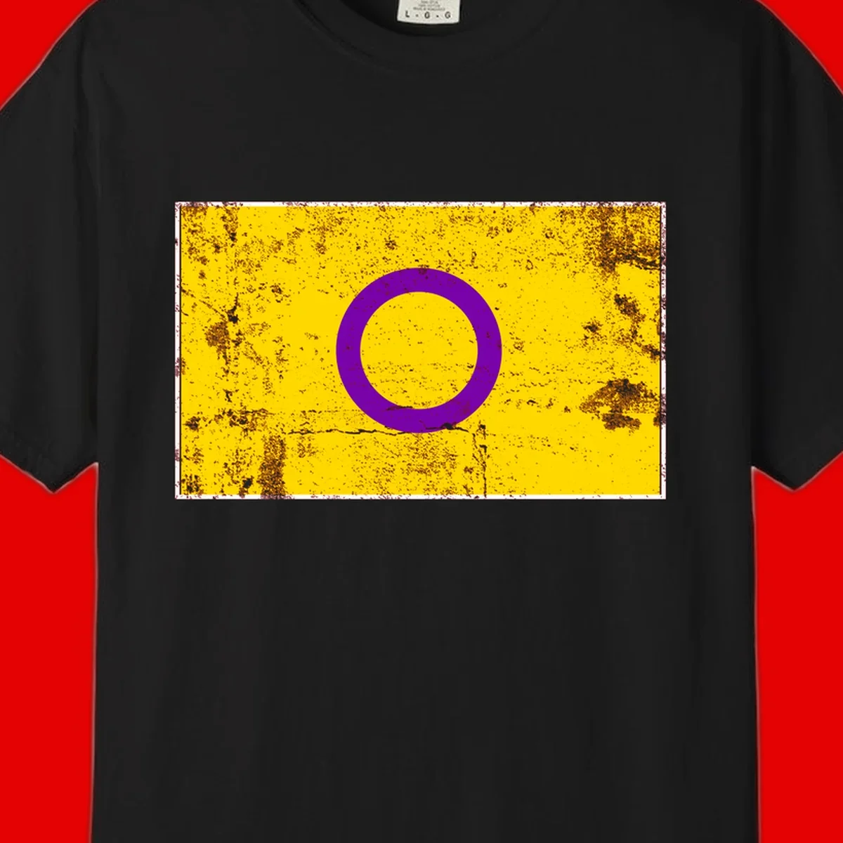 Purple circle ring on yellow background with distressed grunge texture overlay, minimalist geometric design