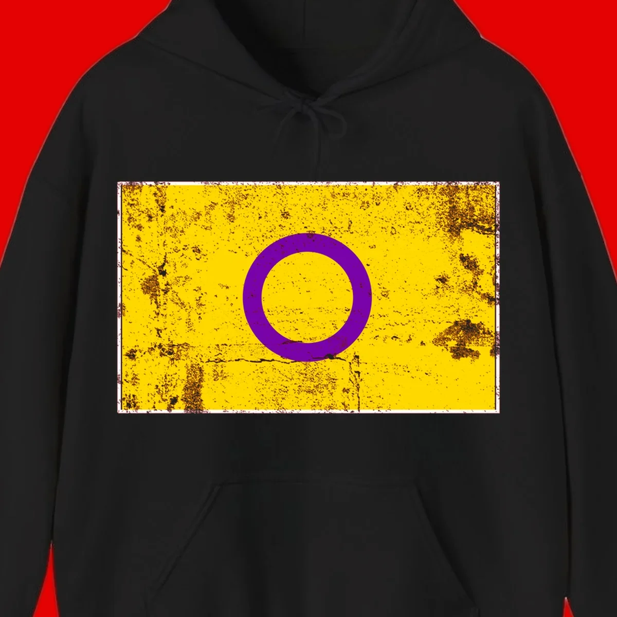 Purple circle ring on yellow background with distressed grunge texture overlay, minimalist geometric design