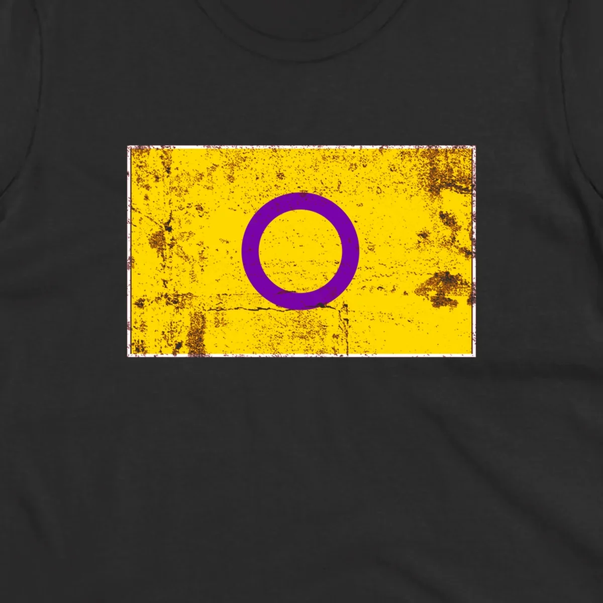 Purple circle ring on yellow background with distressed grunge texture overlay, minimalist geometric design