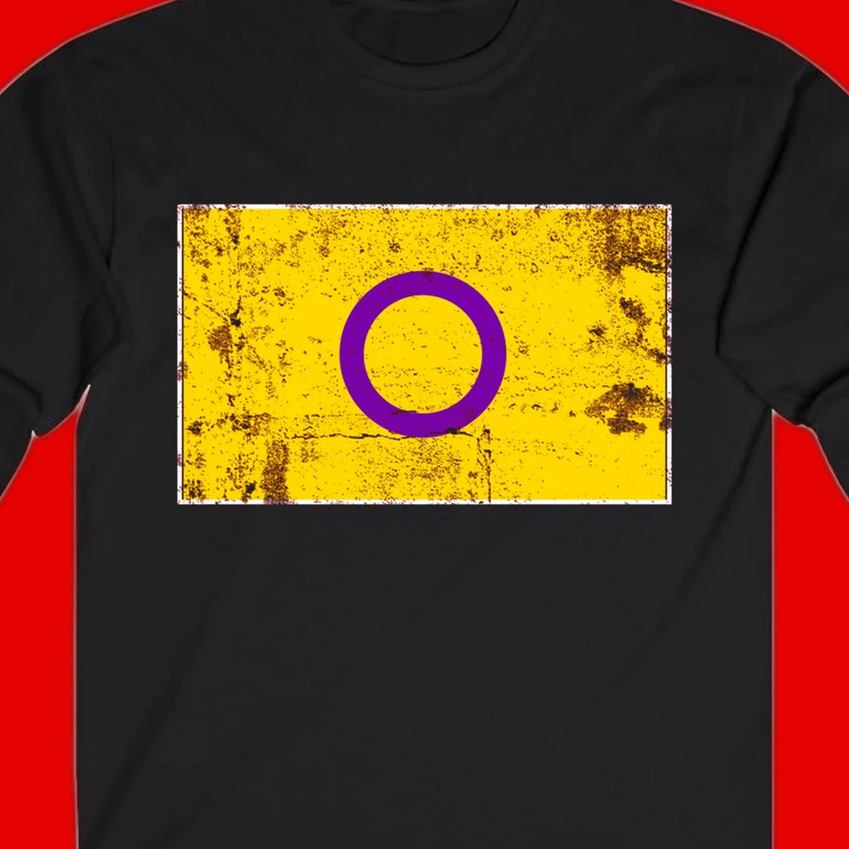 Purple circle ring on yellow background with distressed grunge texture overlay, minimalist geometric design