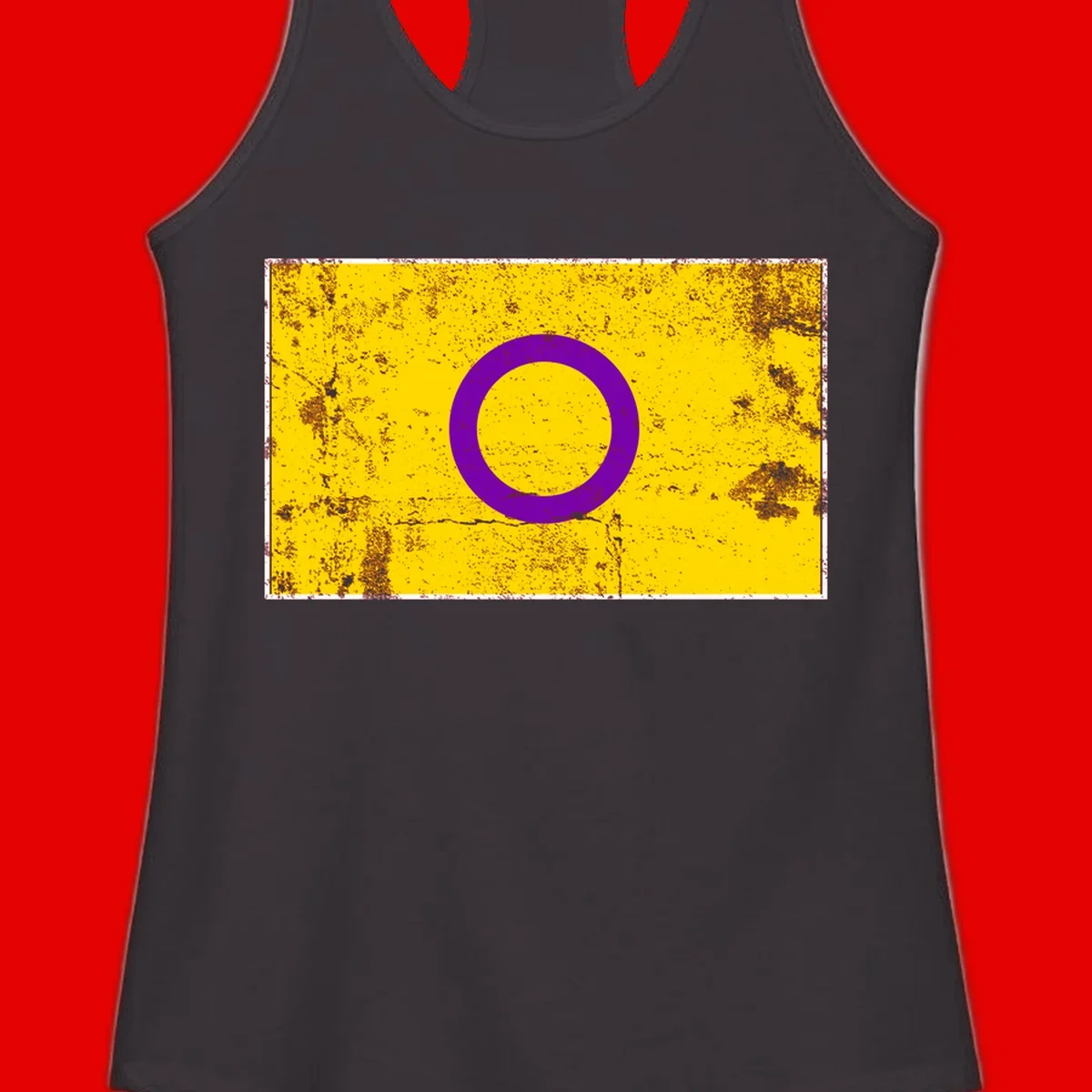 Purple circle ring on yellow background with distressed grunge texture overlay, minimalist geometric design