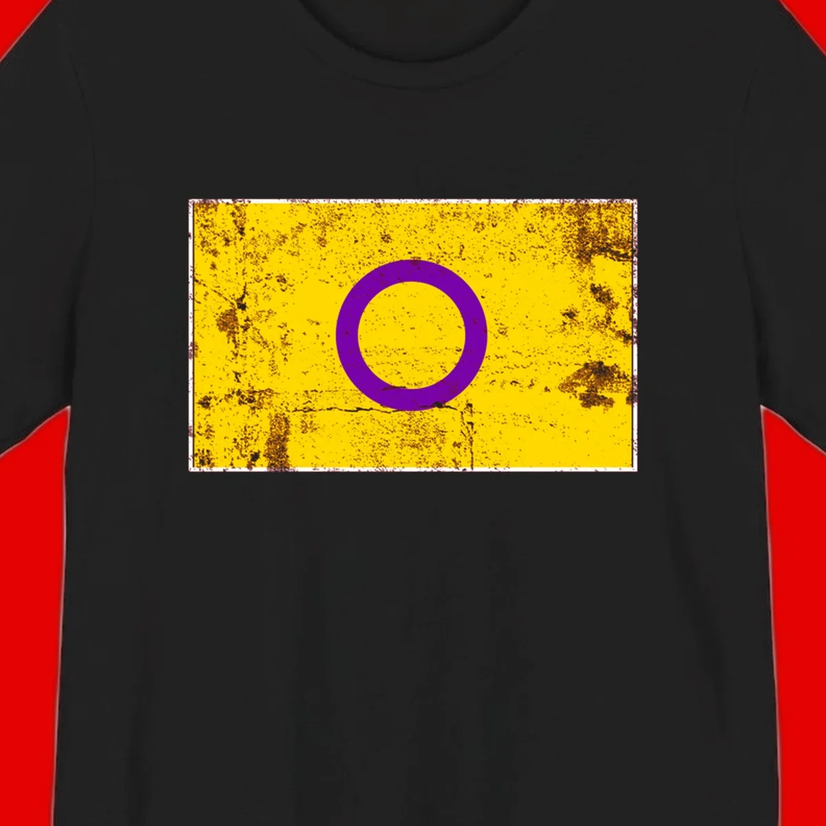 Purple circle ring on yellow background with distressed grunge texture overlay, minimalist geometric design