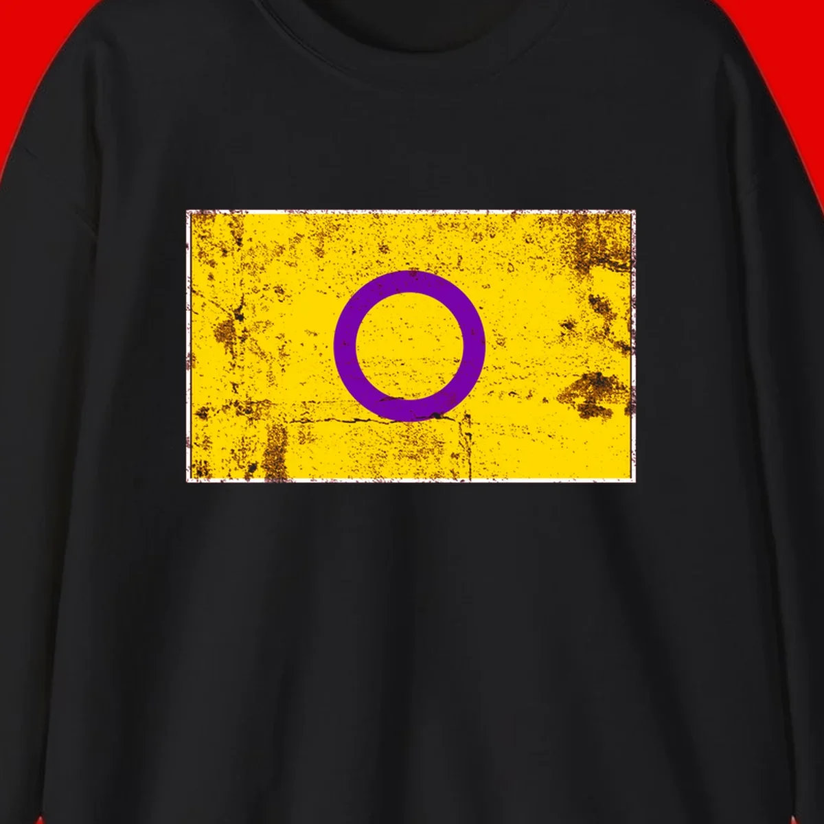 Purple circle ring on yellow background with distressed grunge texture overlay, minimalist geometric design