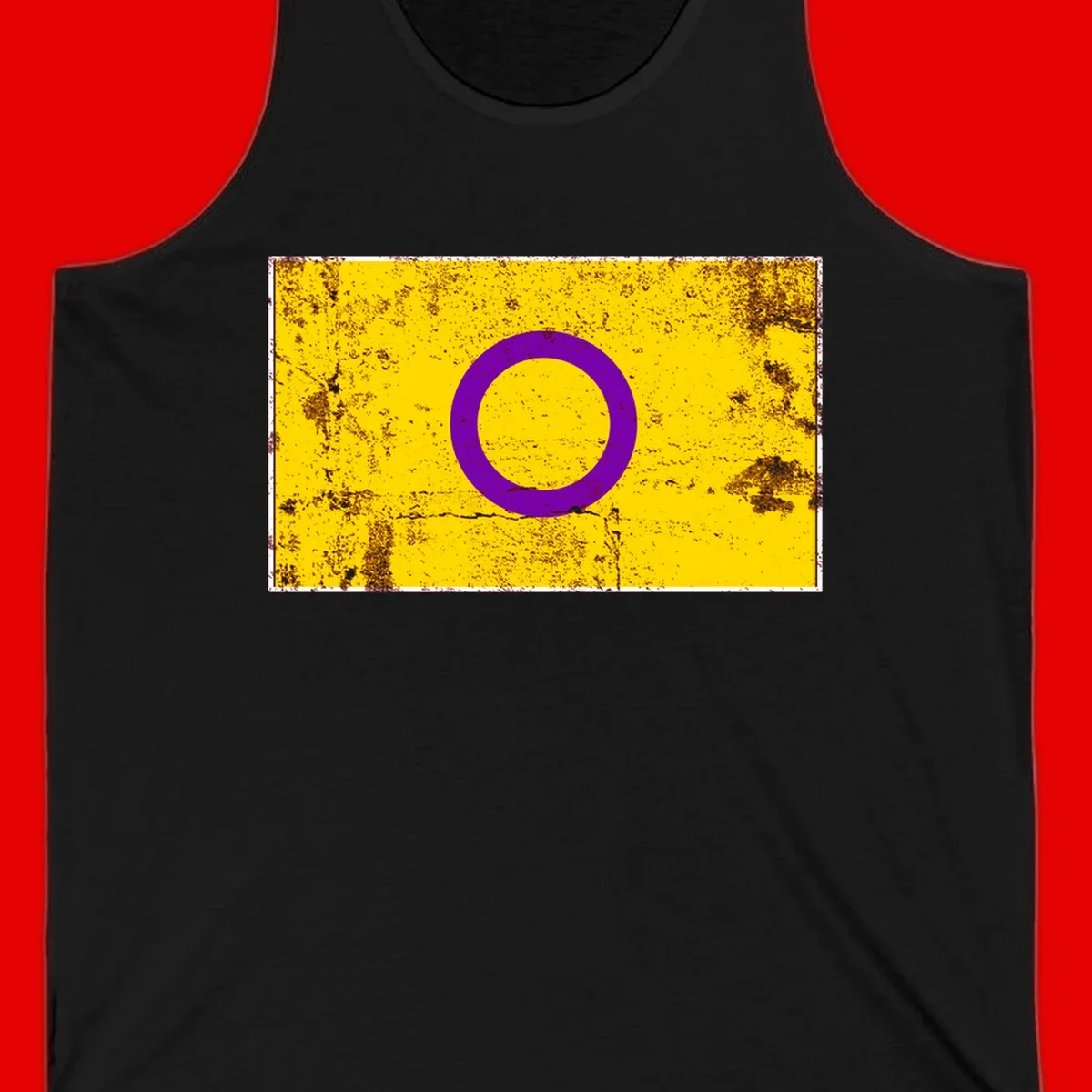 Purple circle ring on yellow background with distressed grunge texture overlay, minimalist geometric design
