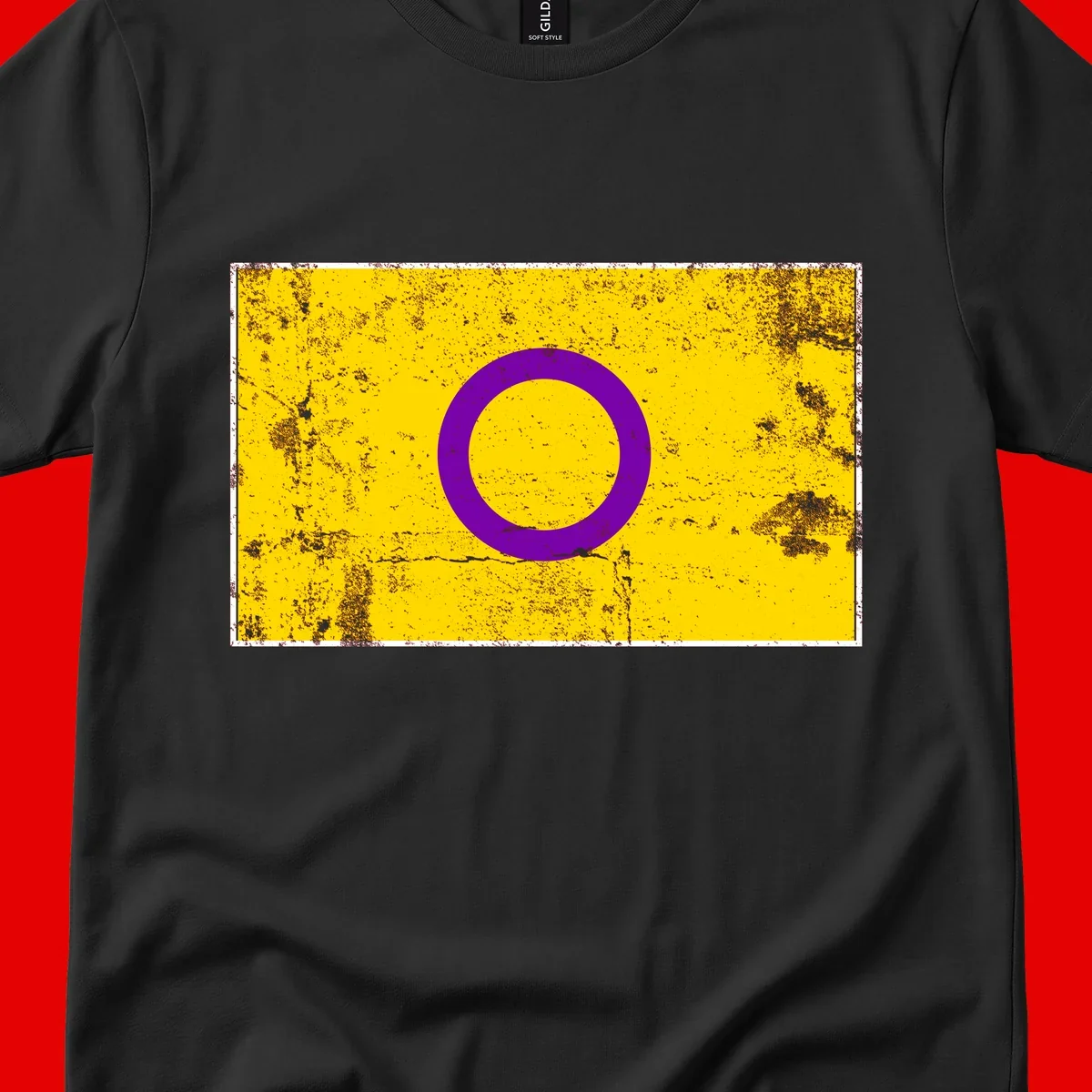 Purple circle ring on yellow background with distressed grunge texture overlay, minimalist geometric design