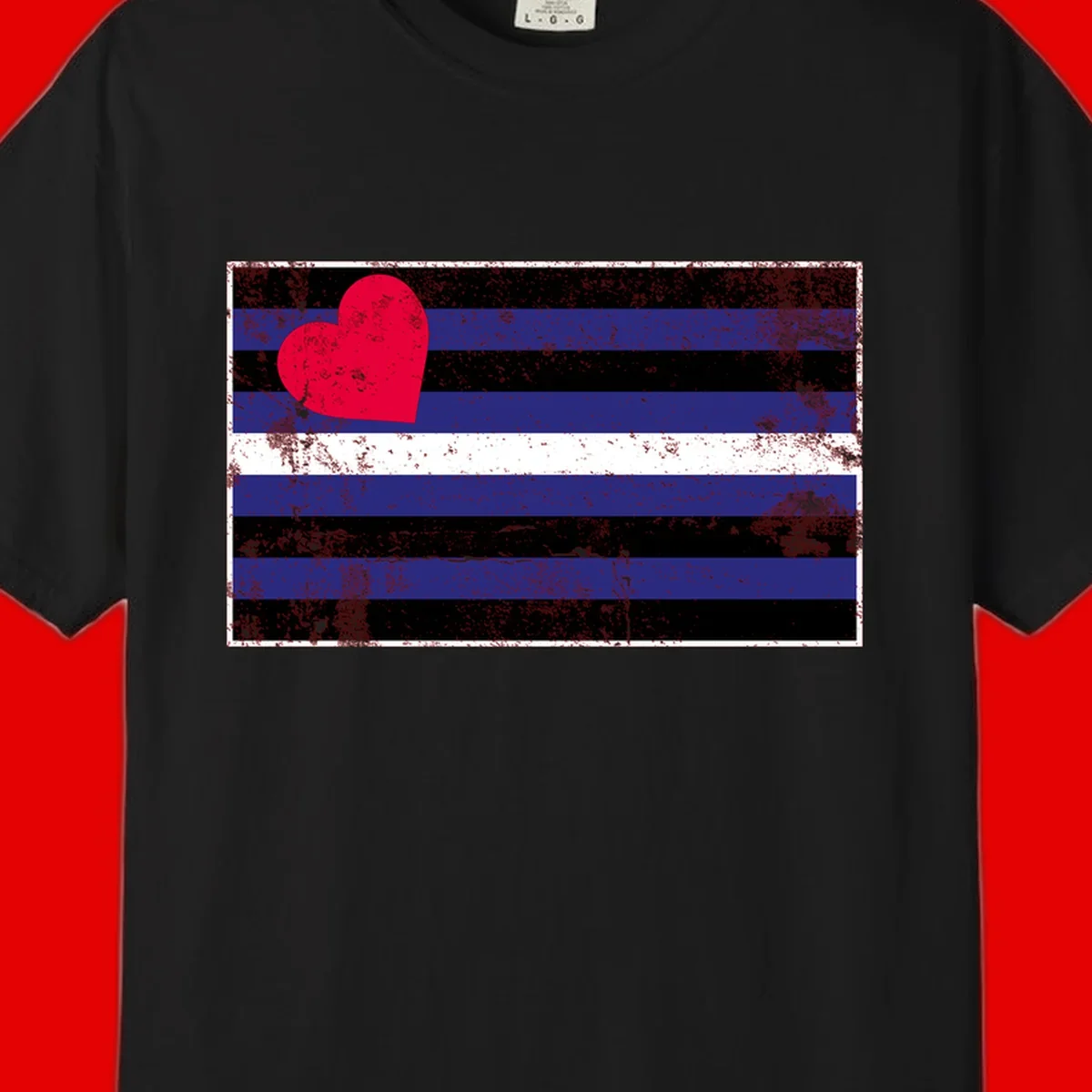 Red heart with blue, black, and white horizontal stripes in distressed grunge style pride design