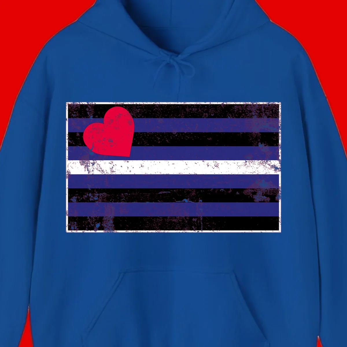 Red heart with blue, black, and white horizontal stripes in distressed grunge style pride design