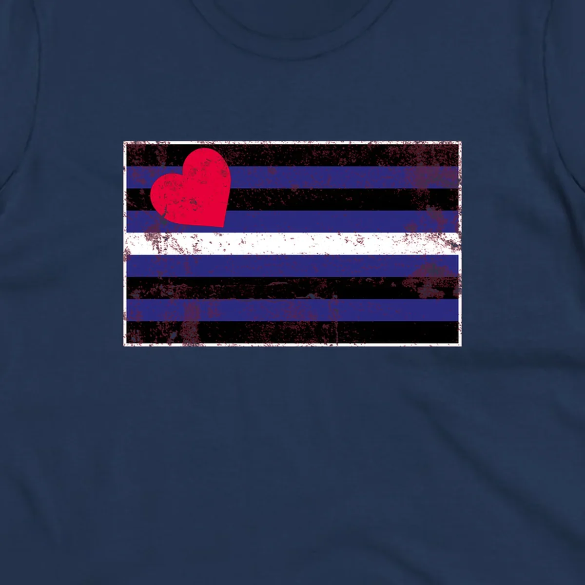 Red heart with blue, black, and white horizontal stripes in distressed grunge style pride design