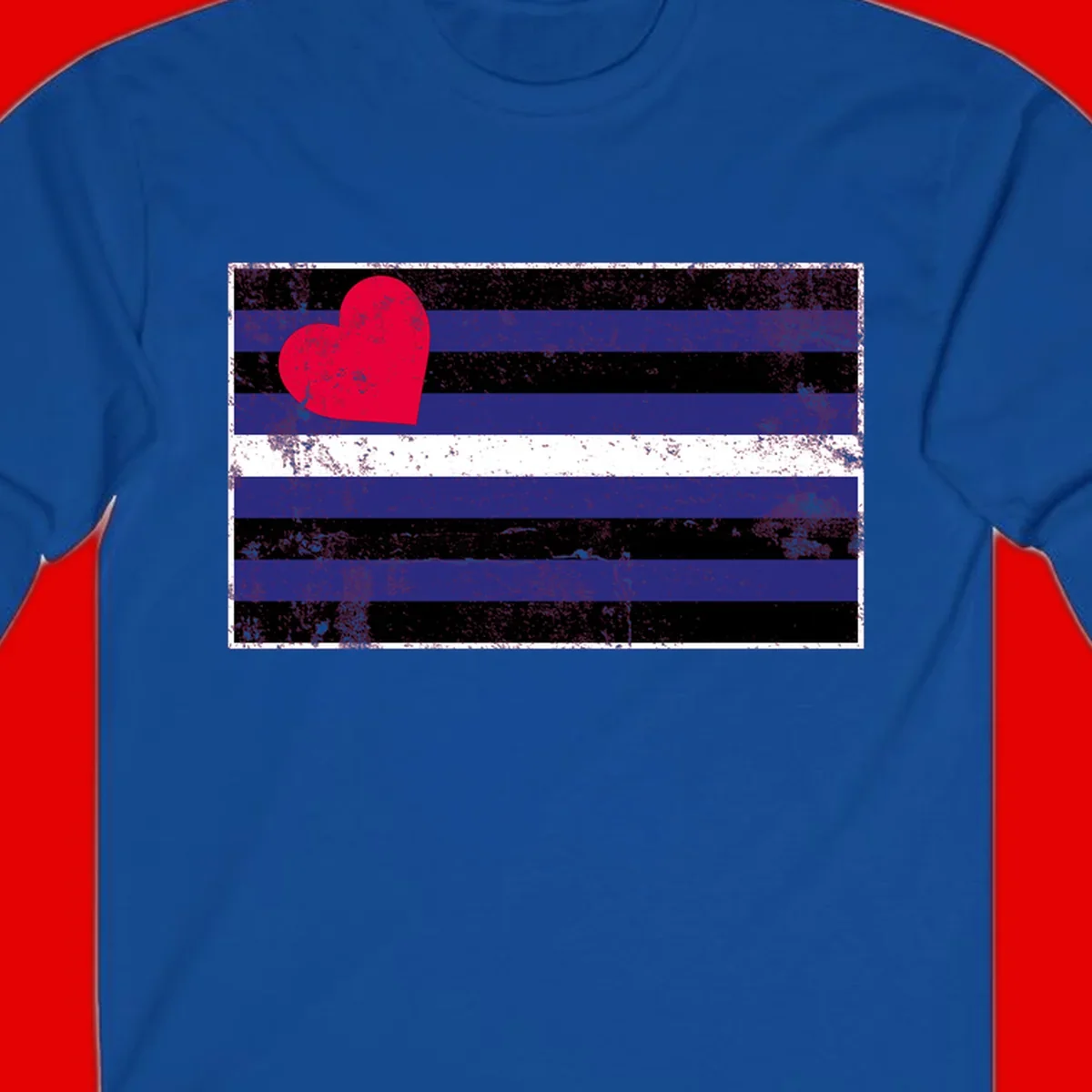 Red heart with blue, black, and white horizontal stripes in distressed grunge style pride design
