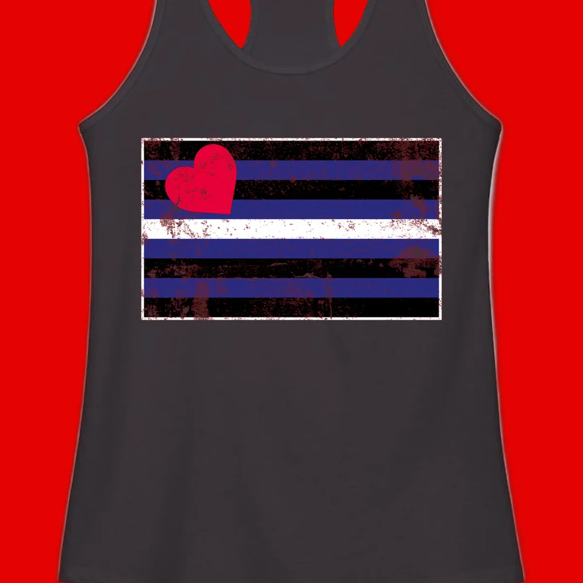 Red heart with blue, black, and white horizontal stripes in distressed grunge style pride design