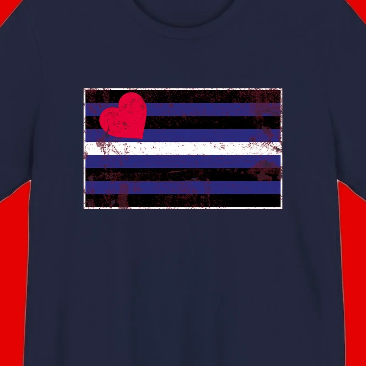 Red heart with blue, black, and white horizontal stripes in distressed grunge style pride design