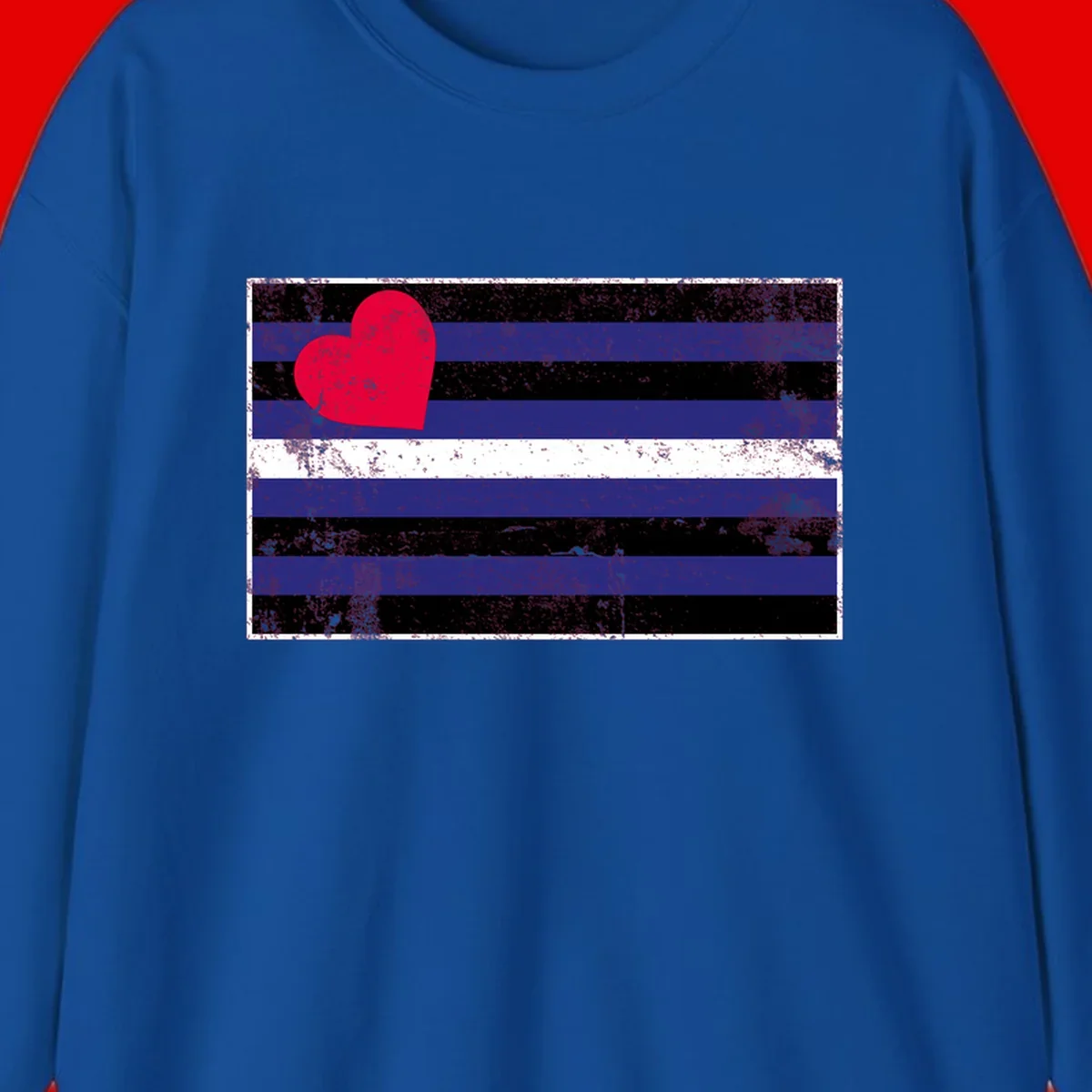 Red heart with blue, black, and white horizontal stripes in distressed grunge style pride design