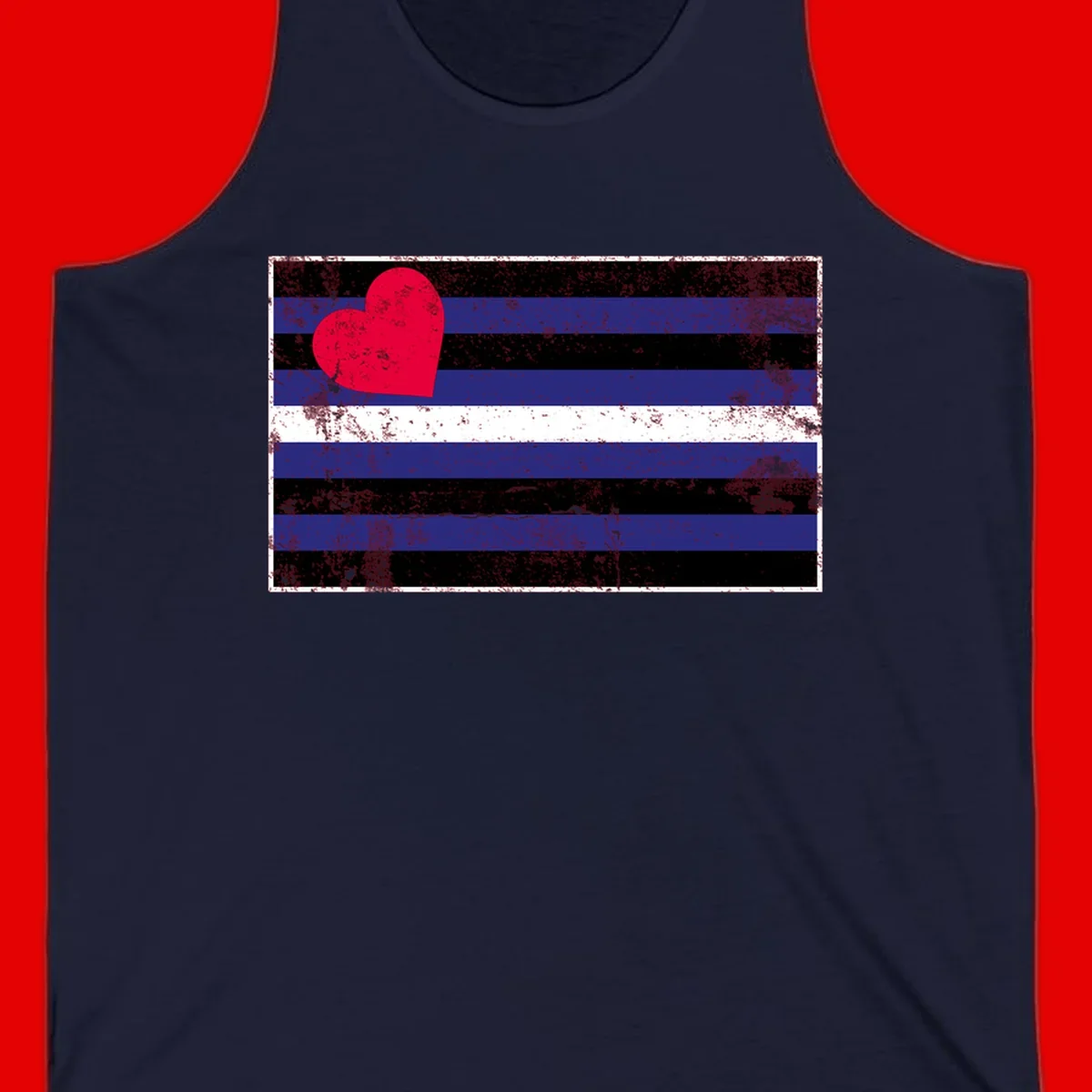 Red heart with blue, black, and white horizontal stripes in distressed grunge style pride design