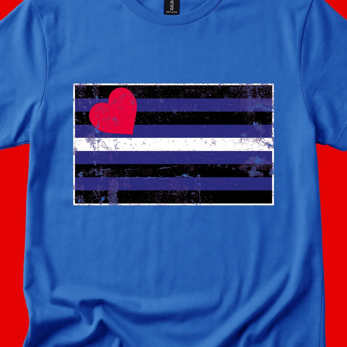 Red heart with blue, black, and white horizontal stripes in distressed grunge style pride design