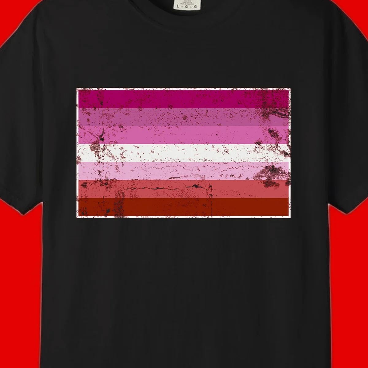 Distressed lesbian pride flag with seven horizontal stripes in magenta, pink, white, and red tones with grunge texture overlay