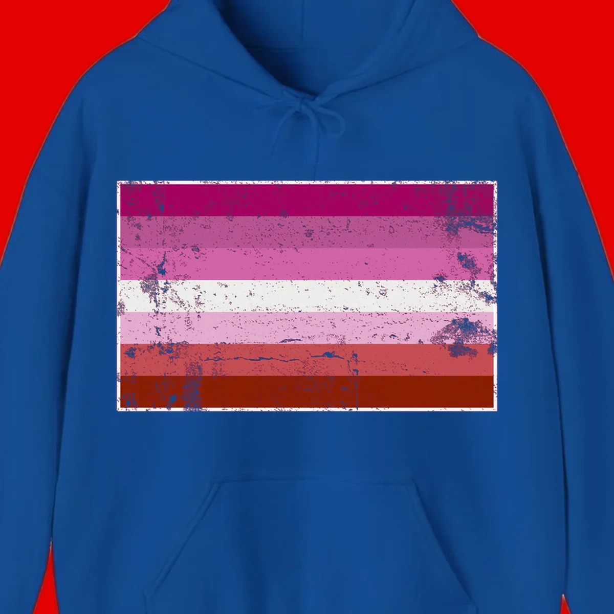 Distressed lesbian pride flag with seven horizontal stripes in magenta, pink, white, and red tones with grunge texture overlay