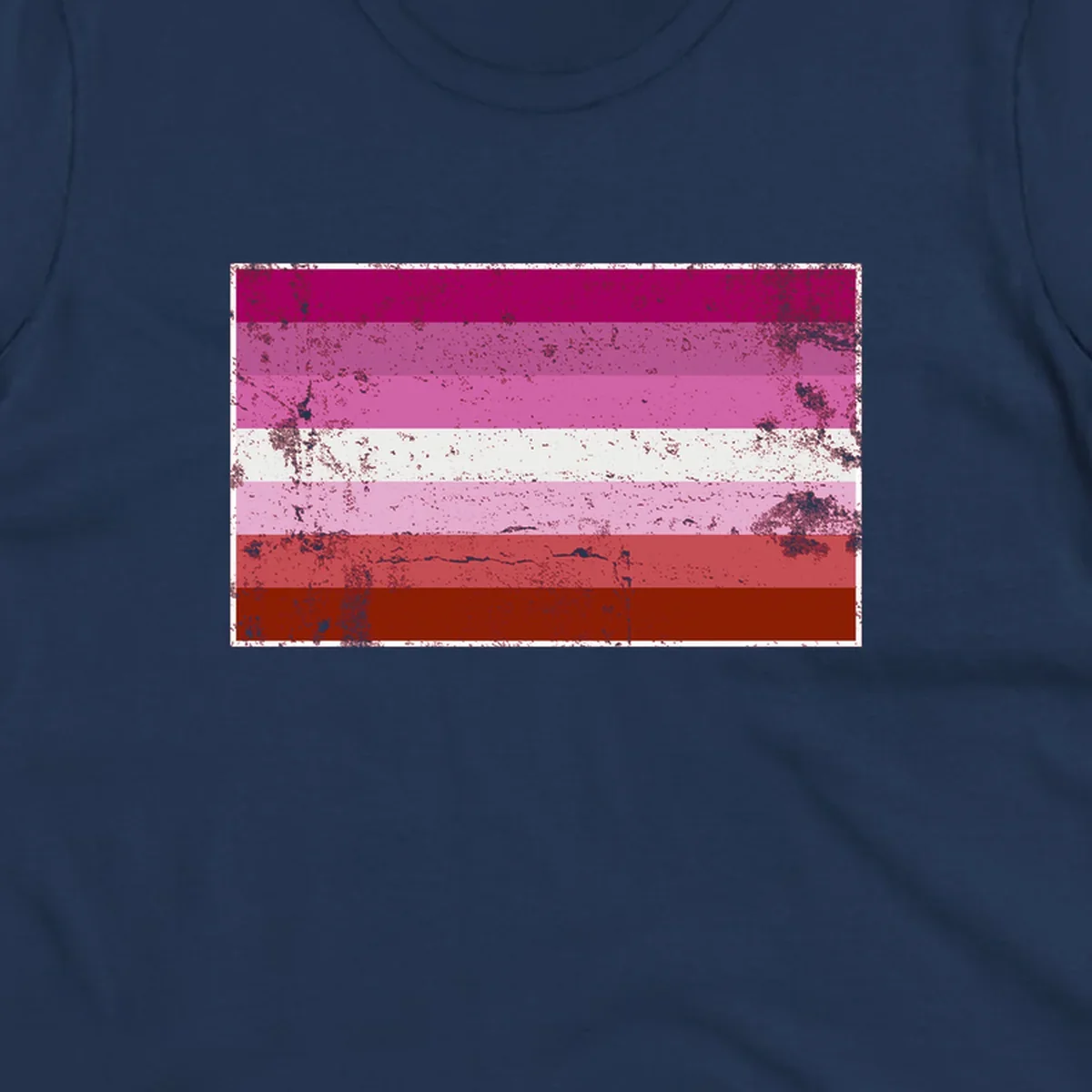 Distressed lesbian pride flag with seven horizontal stripes in magenta, pink, white, and red tones with grunge texture overlay