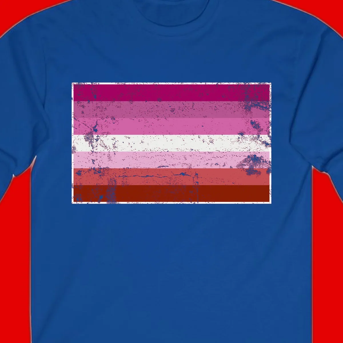 Distressed lesbian pride flag with seven horizontal stripes in magenta, pink, white, and red tones with grunge texture overlay