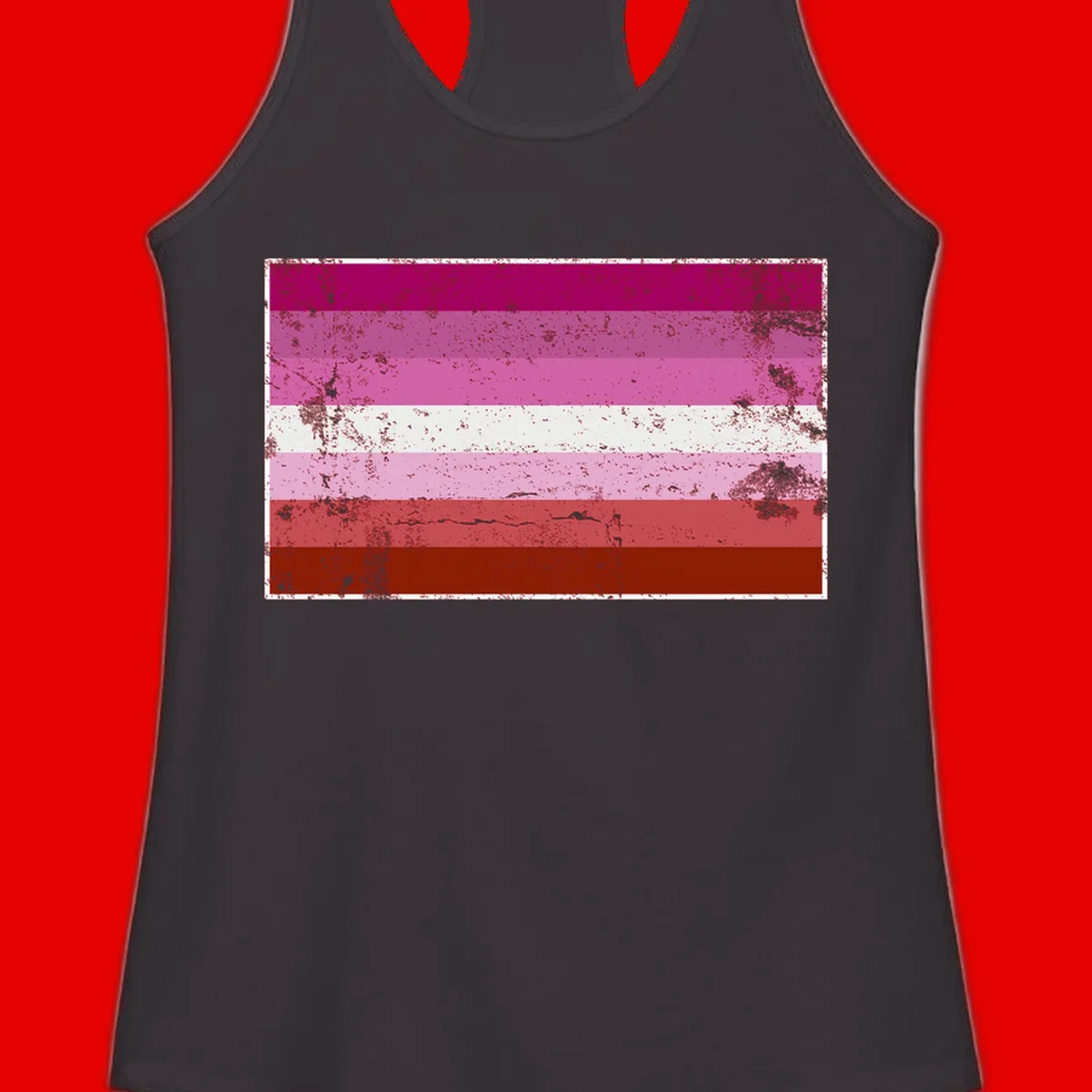 Distressed lesbian pride flag with seven horizontal stripes in magenta, pink, white, and red tones with grunge texture overlay